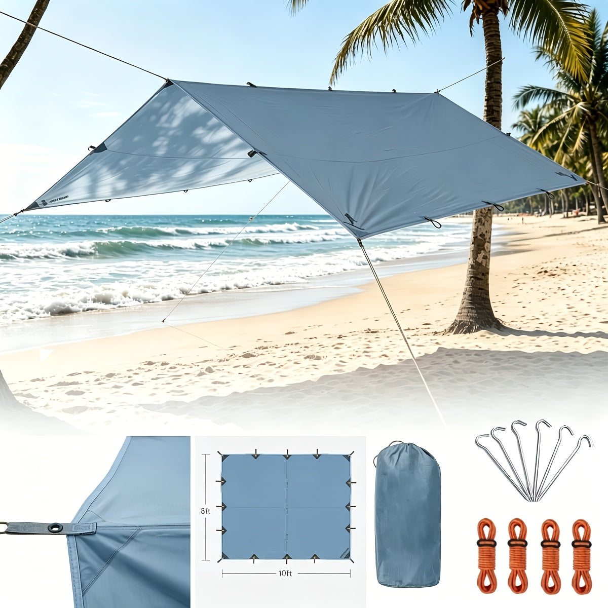 Waterproof Camping Tarp Canopy 4 Person – UV Protection Alloy Poles Portable Foldable Rain Fly Awning for Hiking Backpacking Survival Outdoor, Multiple Colors & Sizes