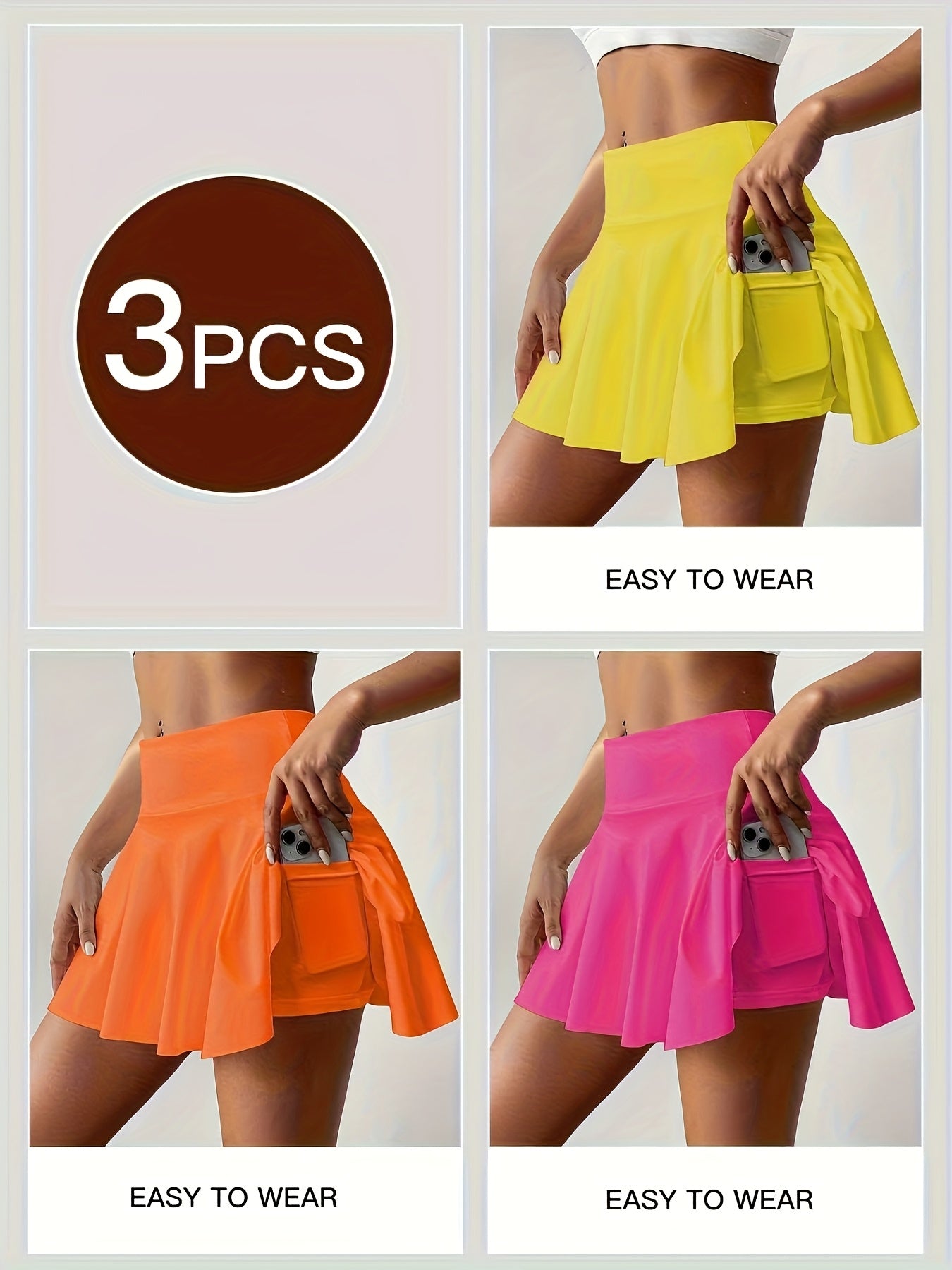 Women's Athletic Skort 3-Pack High Waisted with Built-In Shorts & Pockets – Tennis Golf Pickleball Running Skirt S-XXL Orange Navy White