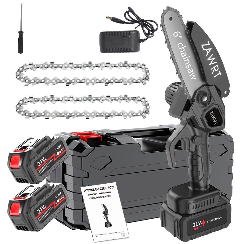 6-Inch Mini Chainsaw Cordless - Rechargeable Lithium Battery with Adjustable Chain, Safety Lock & Splash Guard, Multiple Bundle Options for Garden Branch Trimming, Tree Pruning & Gift