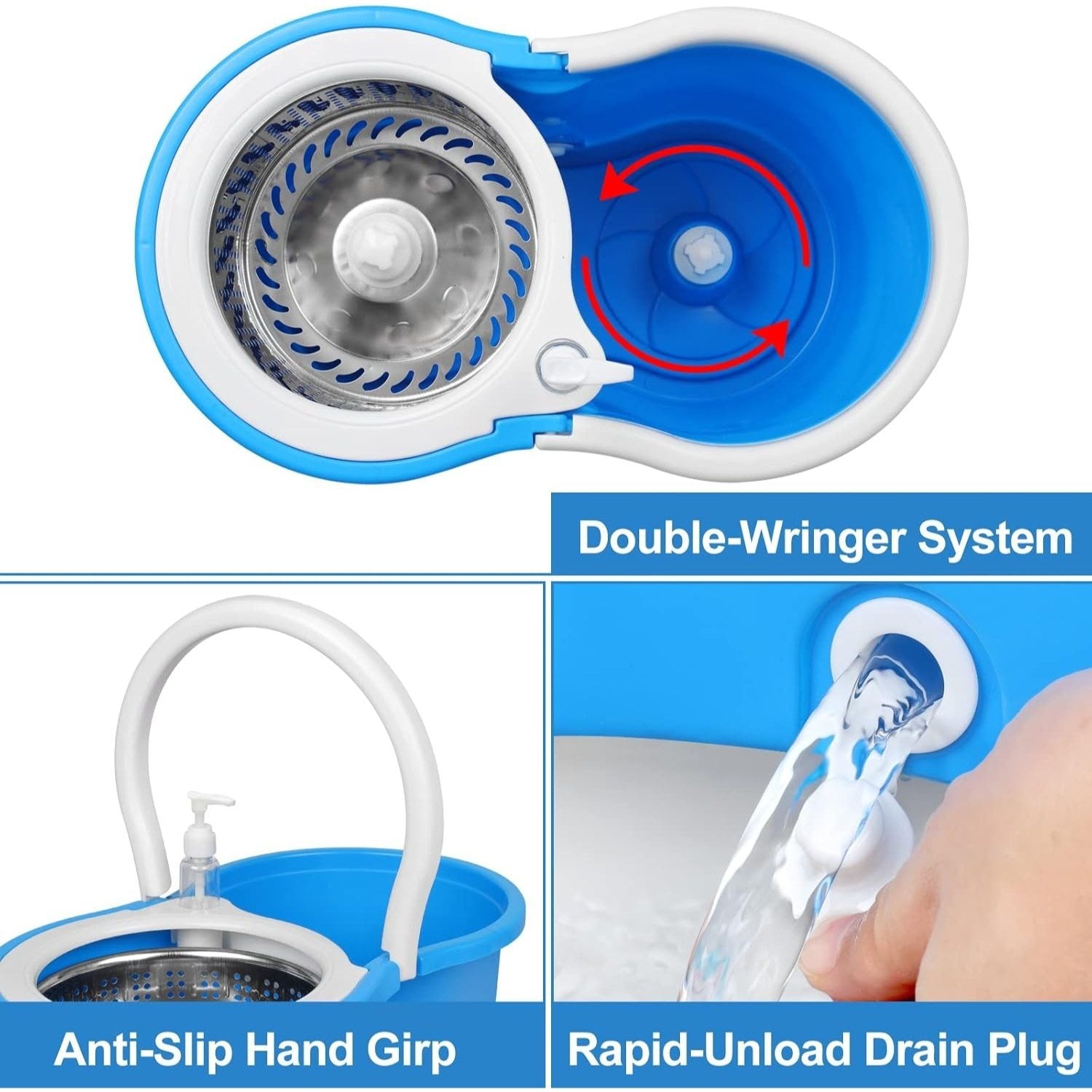 360° Spin Mop and Bucket Set with Wringer - Stainless Steel Handle, Microfiber Refills, Spinning Floor Cleaning System for Hardwood, Tile & Laminate