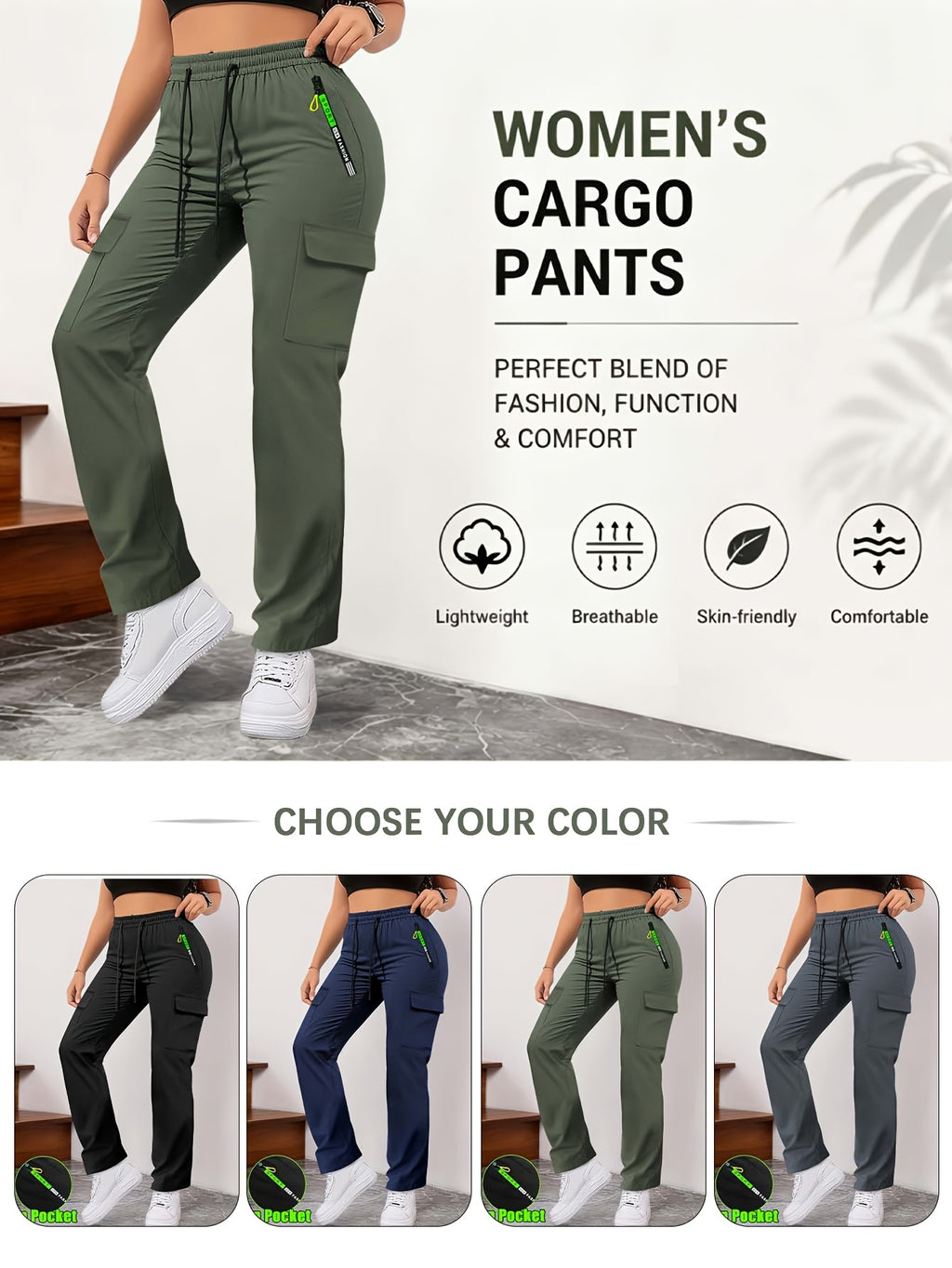 Women's Slim Cargo Pants 2-Pack Multi-Pocket Drawstring Waist Zip Pocket Straight Leg – Casual Trousers for Outdoor Sports Everyday Wear & Dates