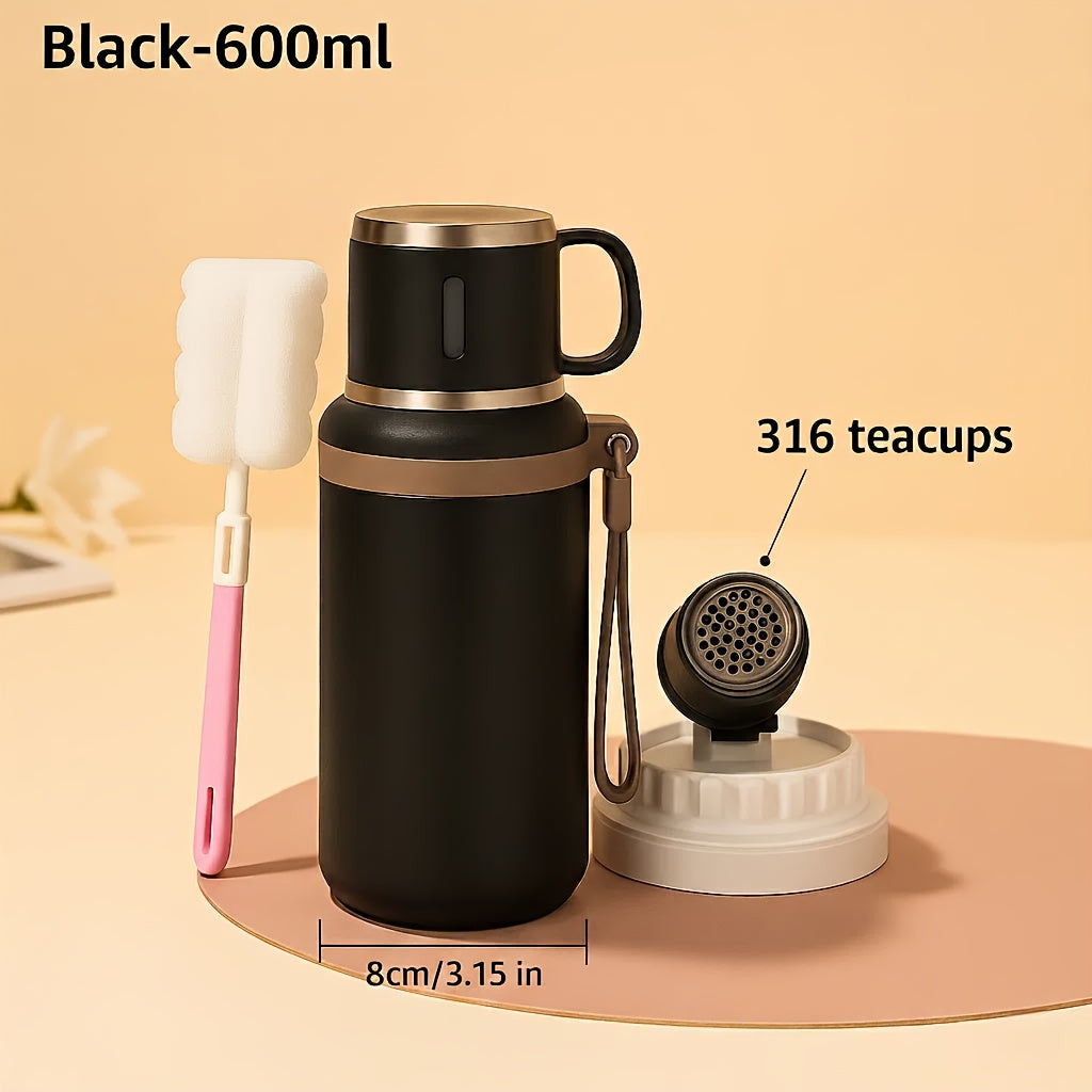 Insulated Water Bottle 600ml Stainless Steel Double Wall Leak-Proof Lid with Handle & Cleaning Brush – Vacuum Tumbler for Outdoor Hiking Camping Gym Travel