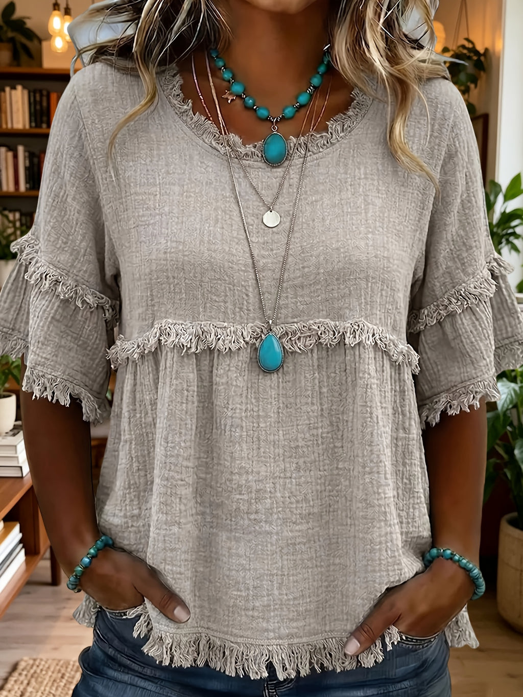 Women's Fringed Trim Short Sleeve Casual Blouse – Soft Knit Crew Neck Top for Summer, Beach & Everyday Wear | Royal Blue, Aquamarine, Sky Blue, Grey, Green (S-XXL)