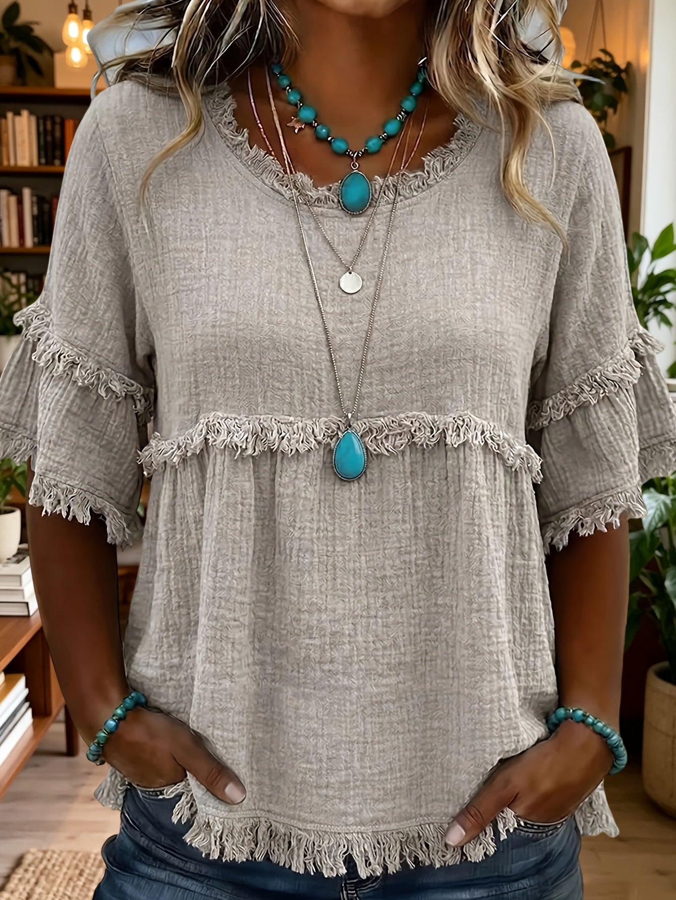Women's Fringed Trim Short Sleeve Casual Blouse – Soft Knit Crew Neck Top for Summer, Beach & Everyday Wear | Royal Blue, Aquamarine, Sky Blue, Grey, Green (S-XXL)