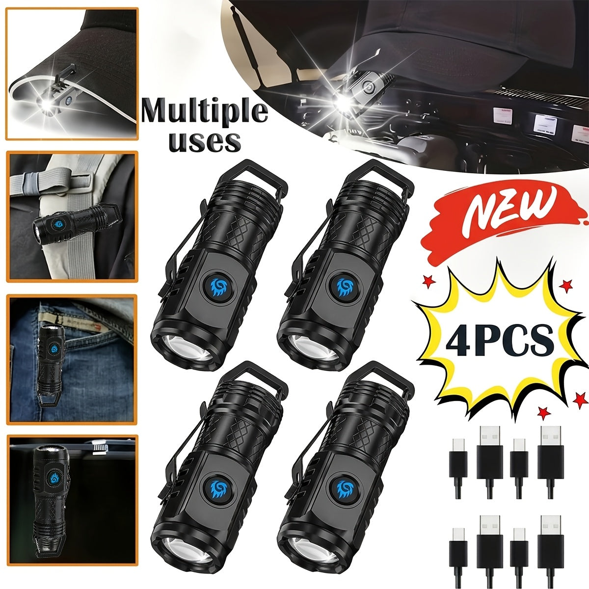 Rechargeable LED Flashlight 4 Pack High Lumens Zoomable Tactical Flashlights for Camping Hiking Emergency Outdoor