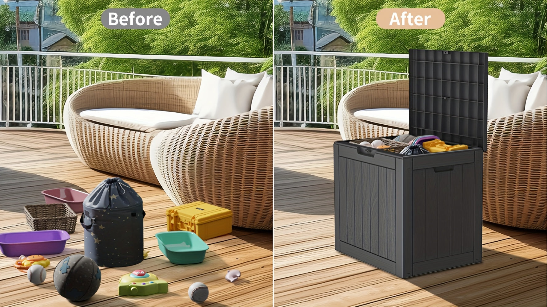 35 Gallon Outdoor Storage Deck Box – UV & Waterproof Lockable Resin Organizer for Patio Furniture, Garden Tools & Toys | Wood Grain & Rattan Style, Indoor Outdoor Use