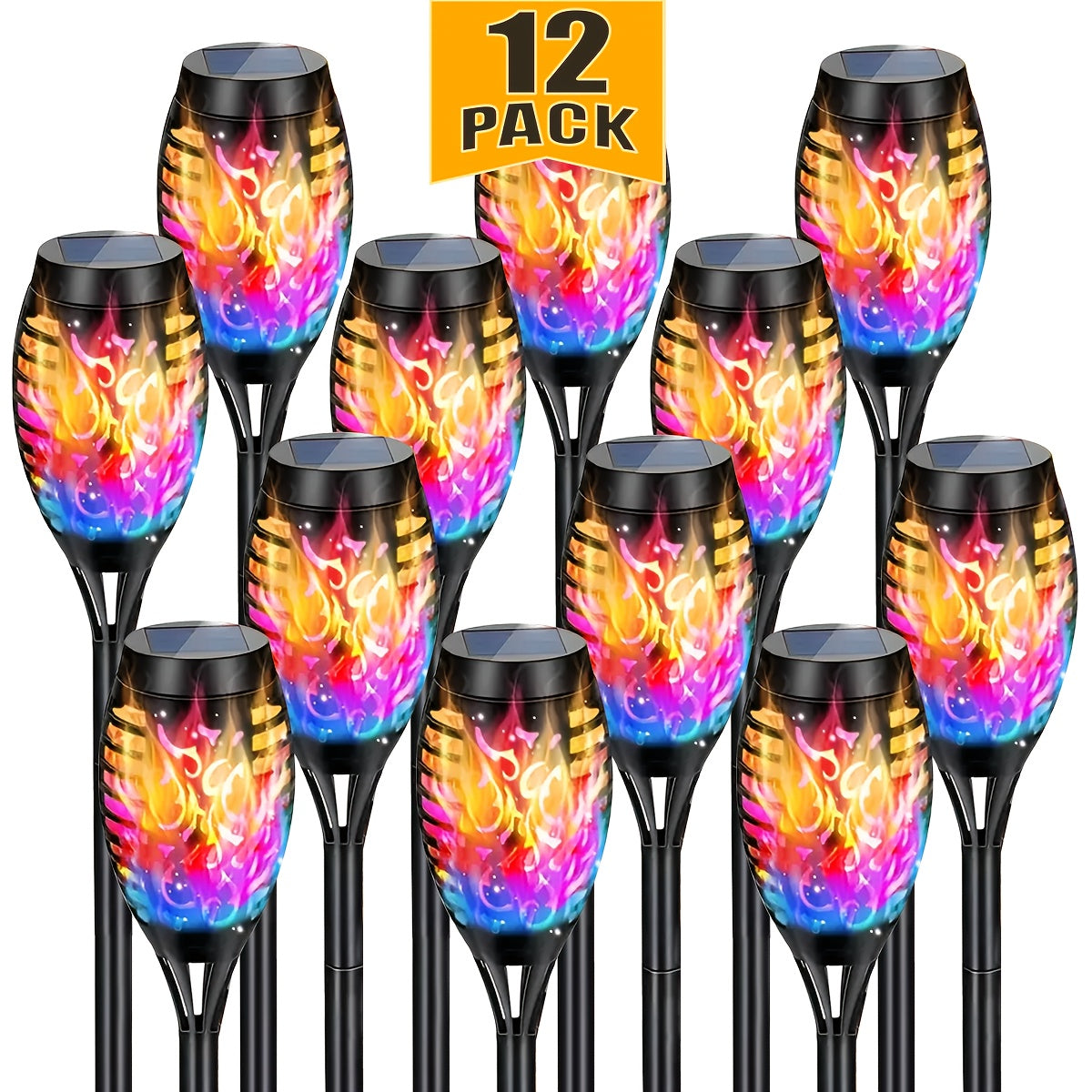 Solar Flame Torch Lights Outdoor - Flickering Flame Effect, IP65 Waterproof, Auto Dusk-to-Dawn, 750mAh Solar Powered Garden Stake Lights for Yard, Lawn, Patio & Pathway - 4/8/12 Pack