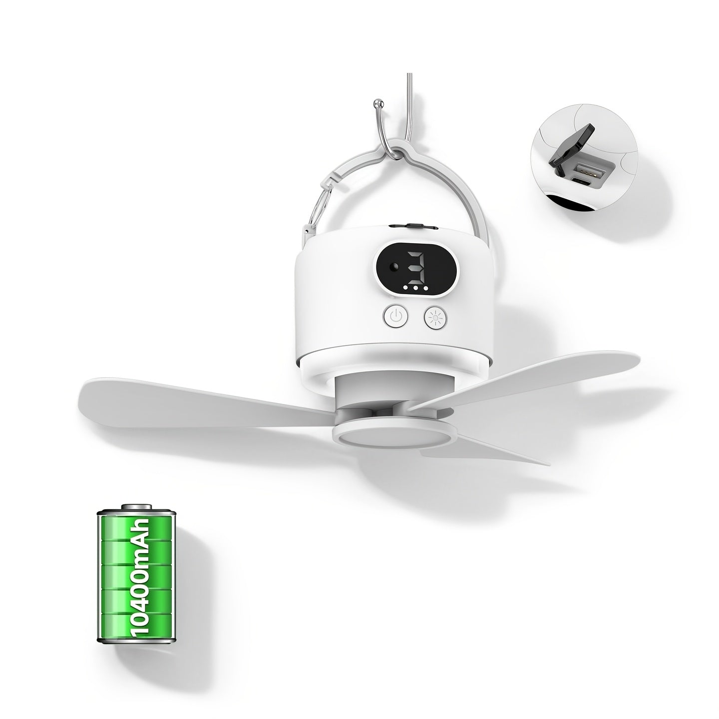 Portable Camping Ceiling Fan 10400mAh USB Rechargeable Tent Fan with Remote Control LED Light Detachable Blades 4 Speed Settings for Camping Hiking Outdoor Travel