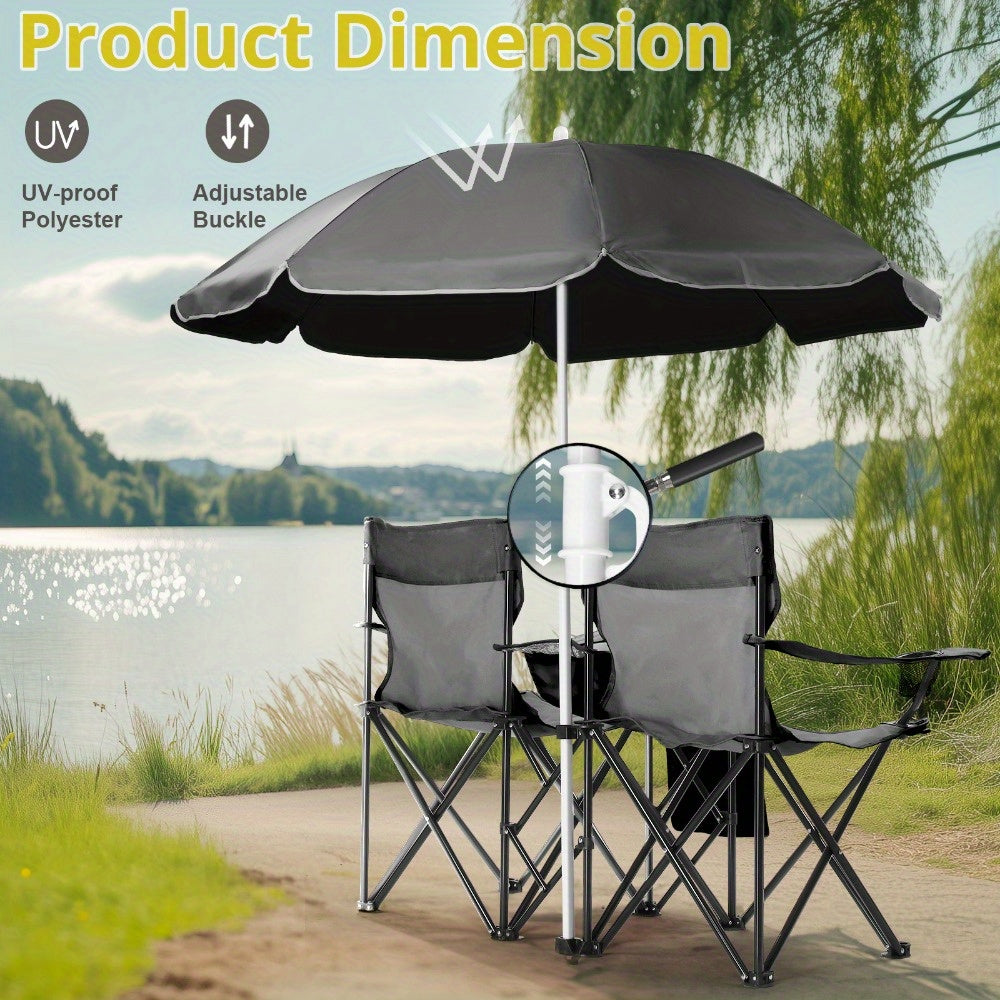 Folding Fishing Chair with Sun Umbrella 2-Seat Portable Outdoor Chair - Iron Alloy Frame Oxford Fabric Beach Patio Camping Chair with Storage Bag - Red Black Grey Blue Coconut Pineapple Pattern
