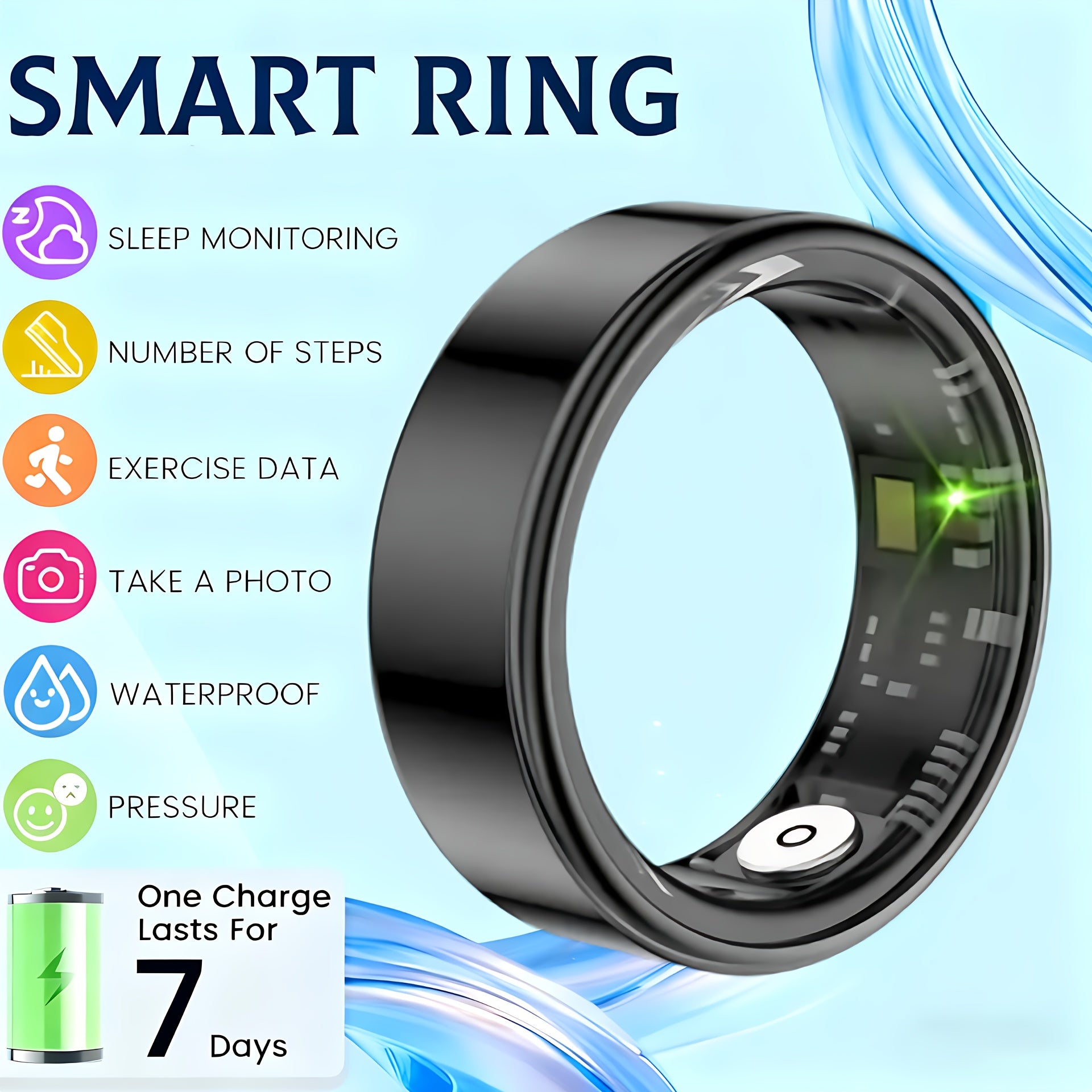 Smart Ring Fitness Tracker - Bluetooth 5.3 Health Monitoring Ring with 100+ Sports Modes, HRV Heart Rate, Stress Monitor, Body Temperature, IP68 Waterproof, iPhone & Android Compatible, Sizes 7-13