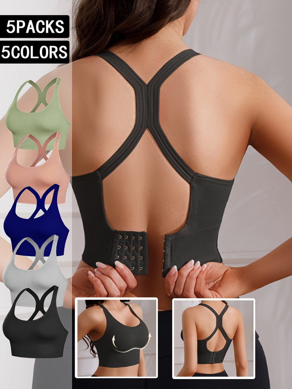 Women's X-Back Sports Bra 5-Pack – Wire-Free High Support Workout Bra with Removable Pads, Breathable Polyamide Fabric, Adjustable Straps for Yoga, Gym & Outdoor Activities, 10 Colors