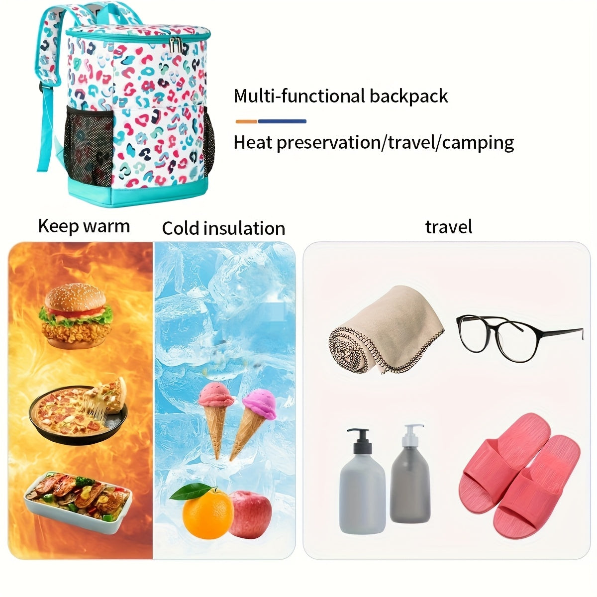 Insulated Cooler Backpack 30-Can Leopard Print Nylon Portable Cooler Bag with Mesh Pockets Adjustable Straps for Beach Camping Picnic Outdoor Travel Daily Use