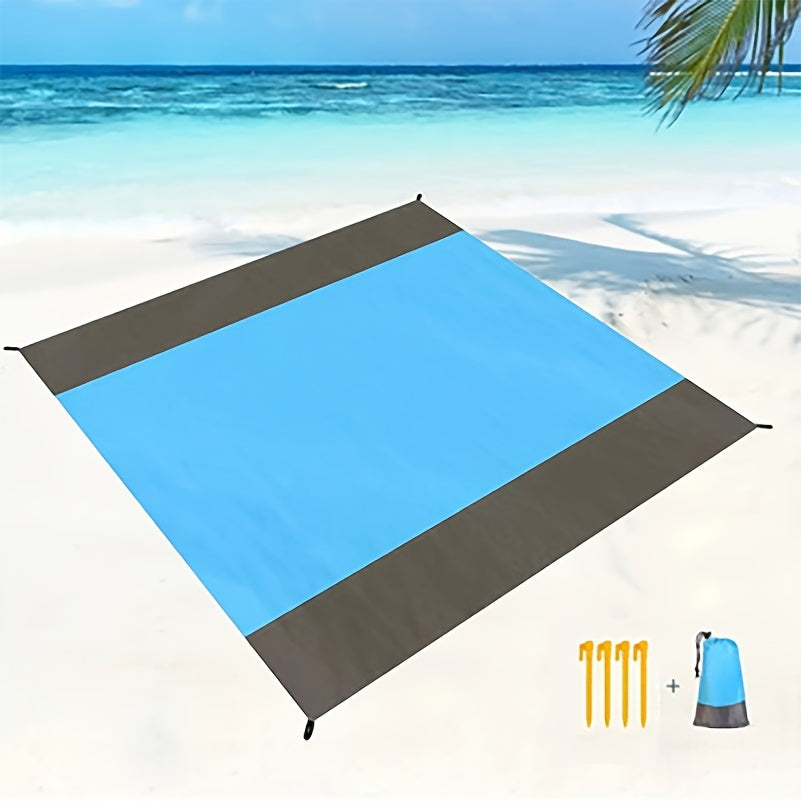 Sandproof Beach Blanket Foldable Mat with 4 Corner Stakes – Lightweight Portable Outdoor Blanket for Beach, Camping, Hiking, Travel & Picnic