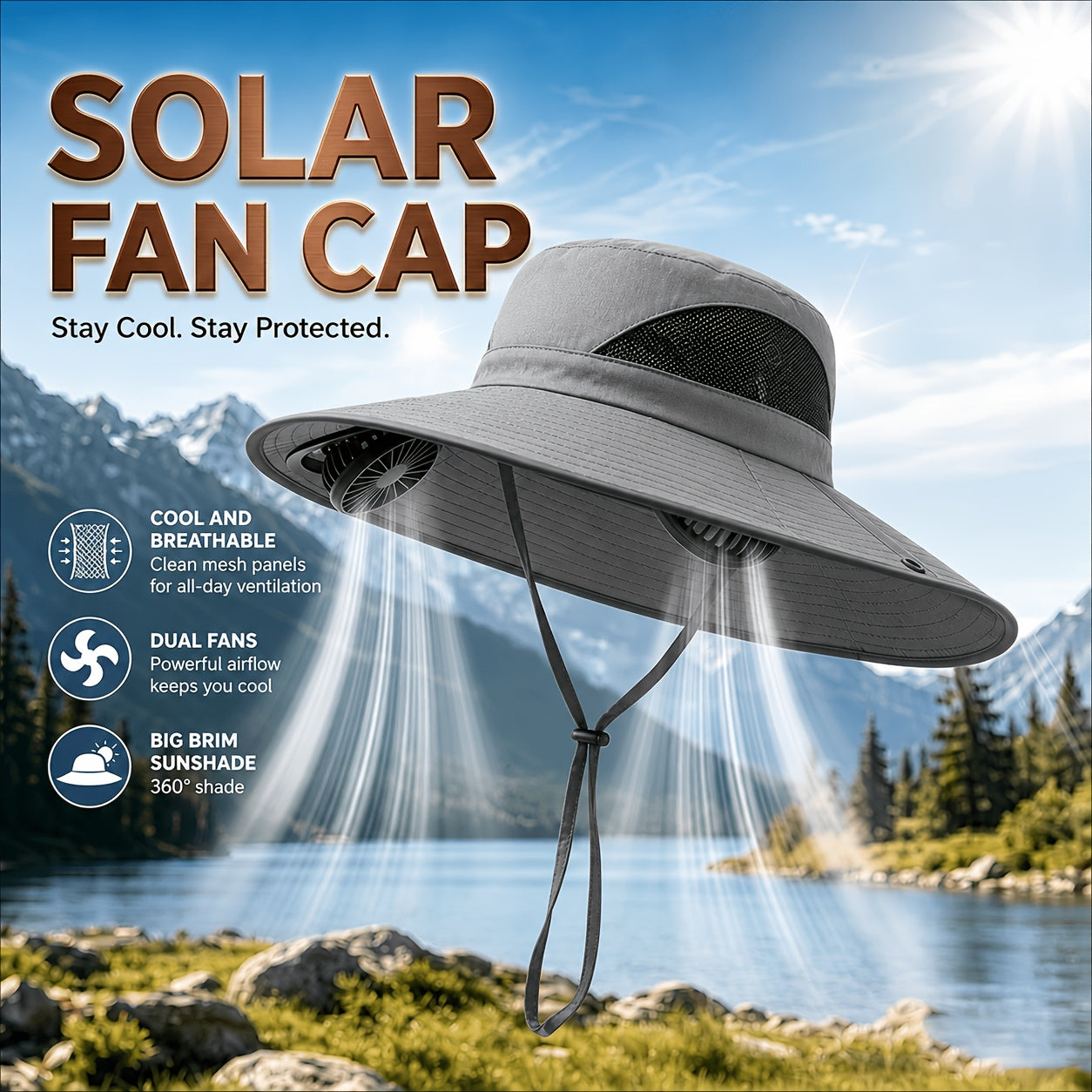Solar Fan Hat with 2 Built-In Fans – Breathable Wide Brim Sun Hat for Men & Women | Adjustable Wind Speed & Strap for Gardening, Travel, Hiking & Summer Outdoor Activities