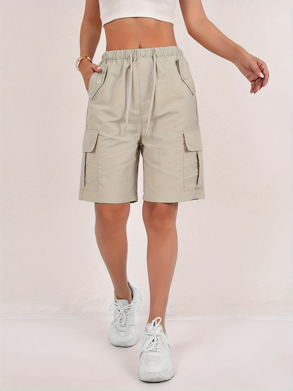 Women's Cargo Shorts 2-Pack - Lightweight Straight-Leg Mid-Thigh Bermuda Shorts with Multiple Pockets & Adjustable Drawstring Waist, Machine Washable Casual Outdoor Shorts S-XXL