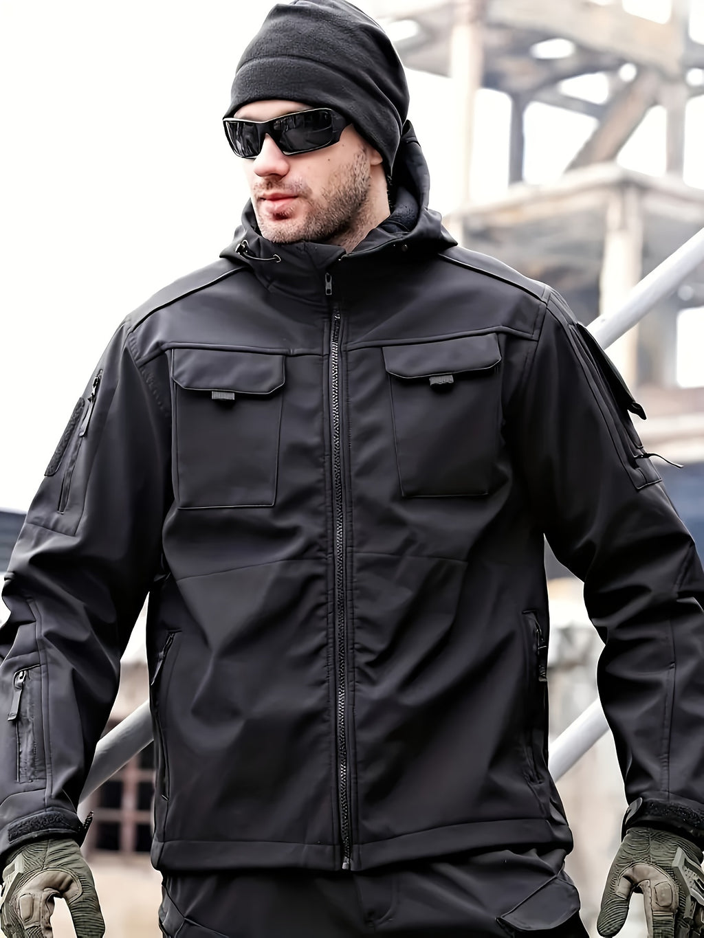 Men's Tactical Jacket Windproof Ripstop Hooded Shell Jacket with Multiple Utility Pockets for Camping Survival Hiking Outdoor Training Sizes S-XXXL Black Green Grey