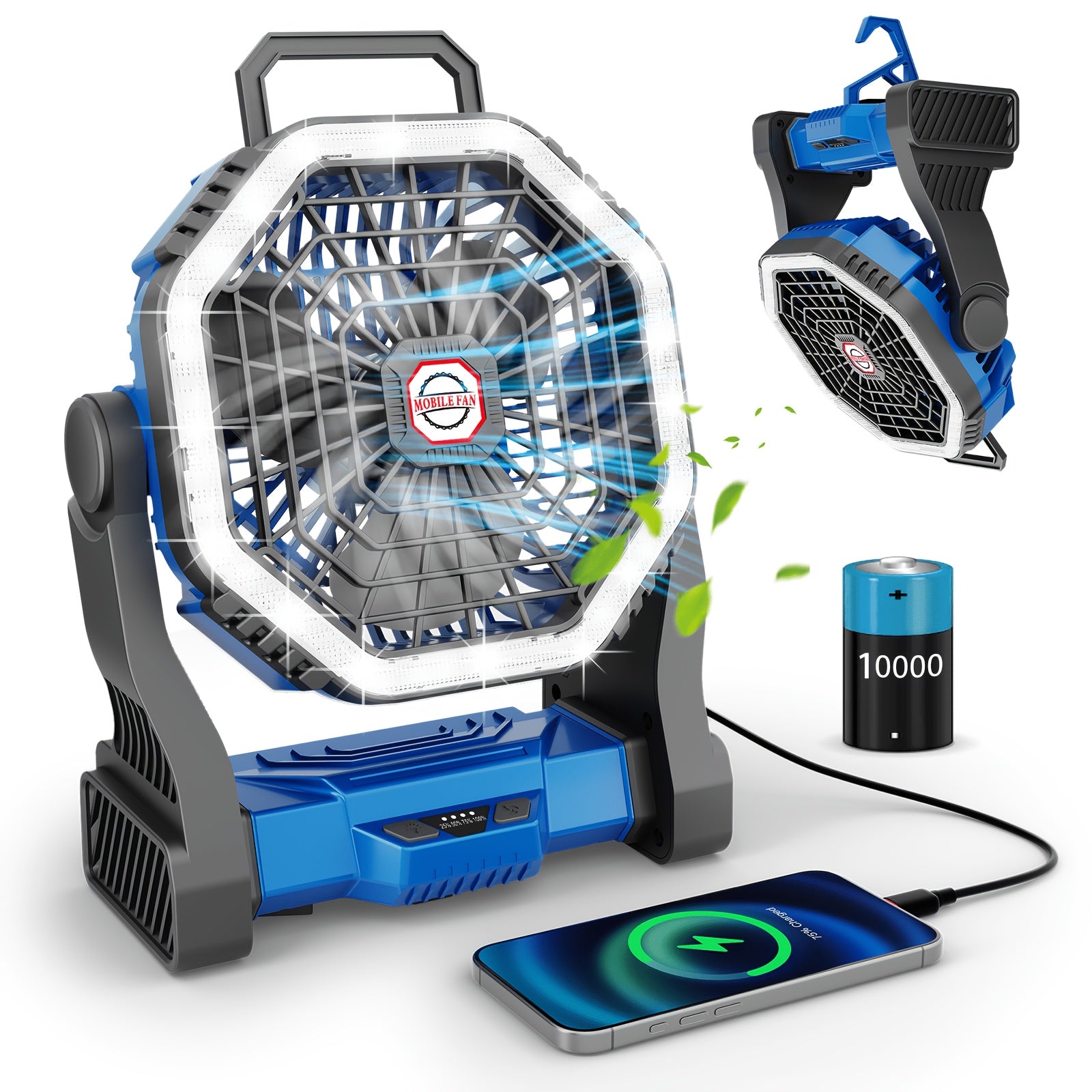 Camping Fan with LED Light Rechargeable USB Battery 4-Speed 3 Lighting Modes Hanging Rope Tent Outdoor Travel Indoor Portable