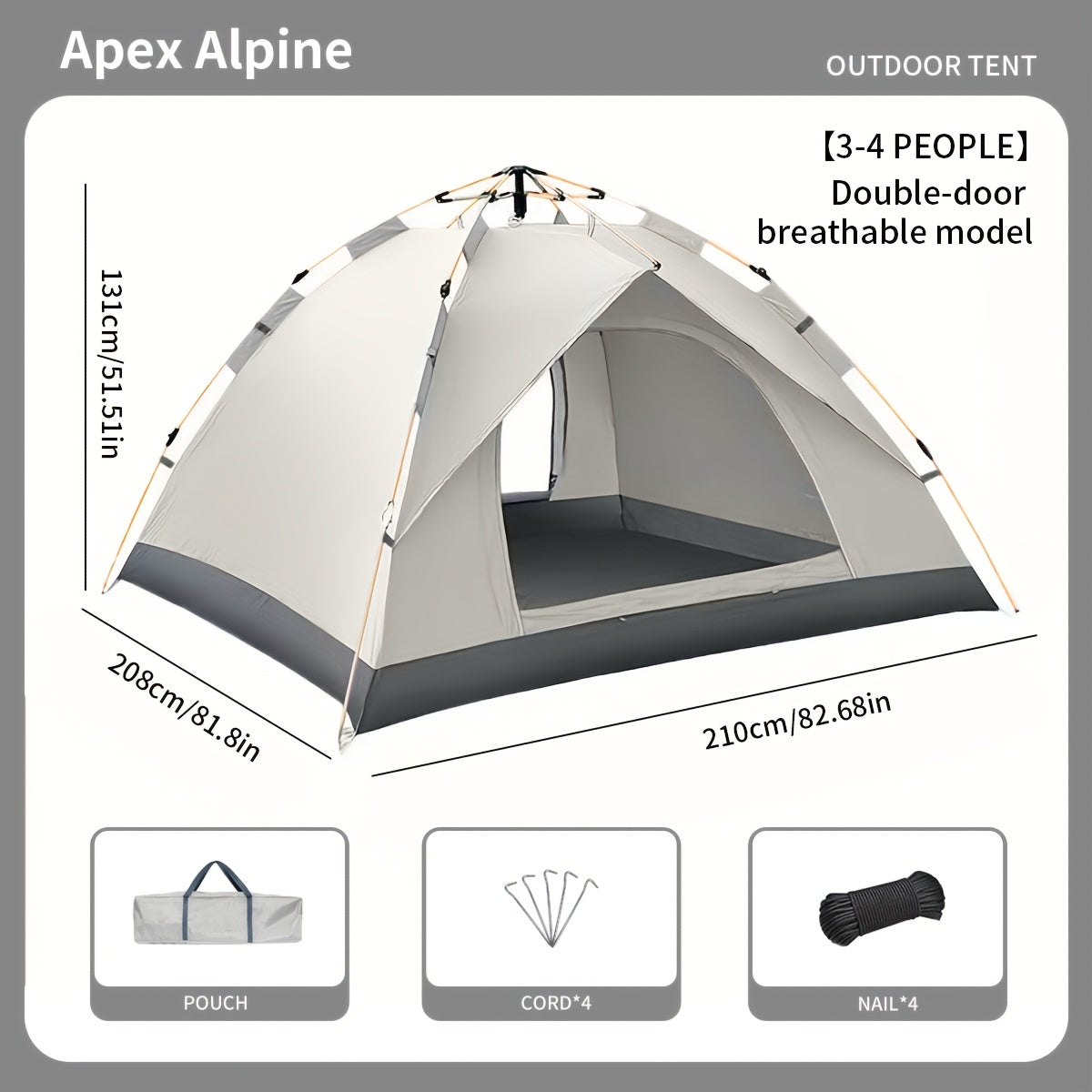 Automatic Pop-Up Camping Tent Windproof Sun-Resistant Portable Foldable 4-Season Tent for Camping Hiking Beach Park Family Vacation Double Door with Windows