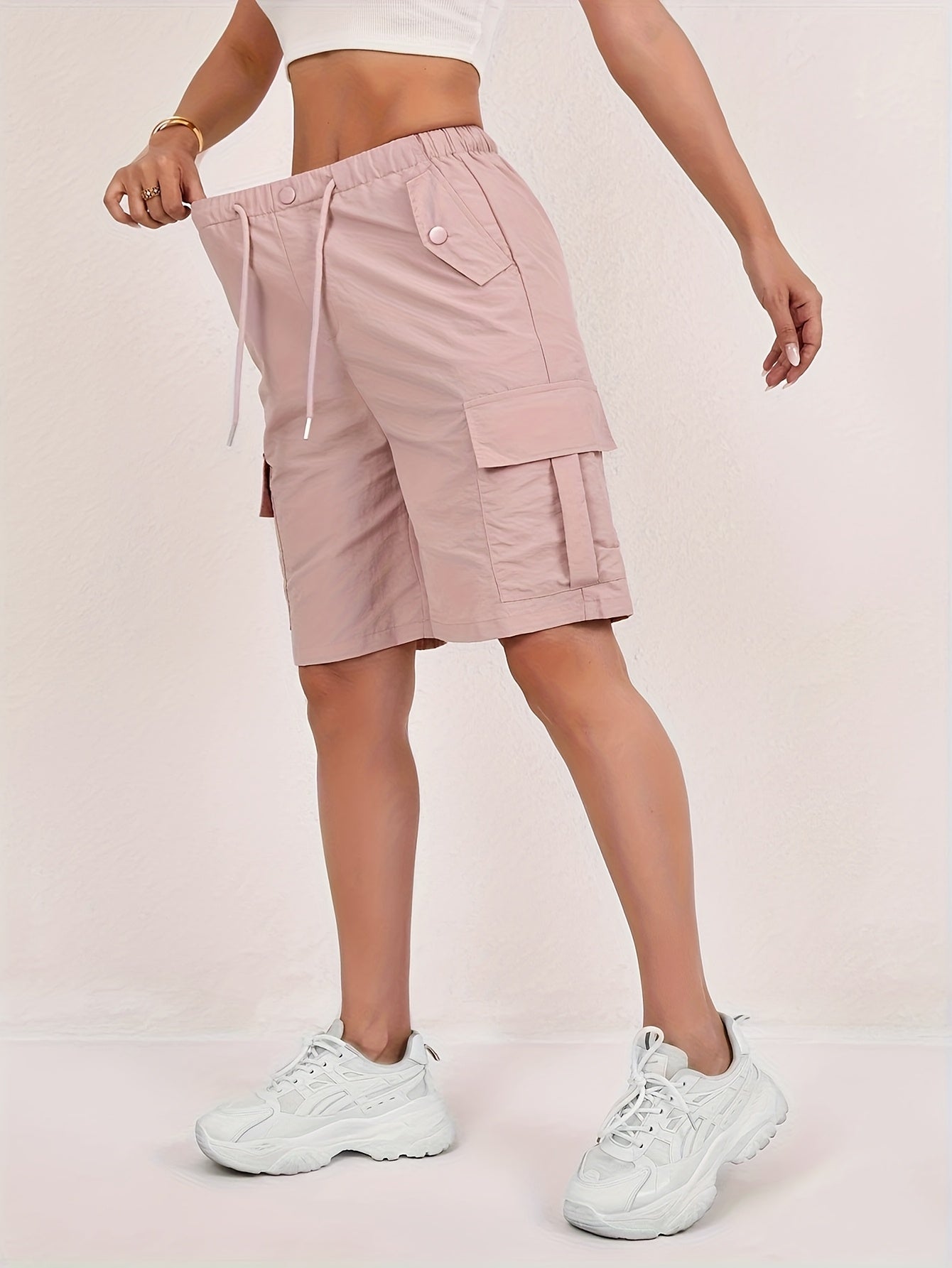 Women's Cargo Shorts 2-Pack - Lightweight Straight-Leg Mid-Thigh Bermuda Shorts with Multiple Pockets & Adjustable Drawstring Waist, Machine Washable Casual Outdoor Shorts S-XXL