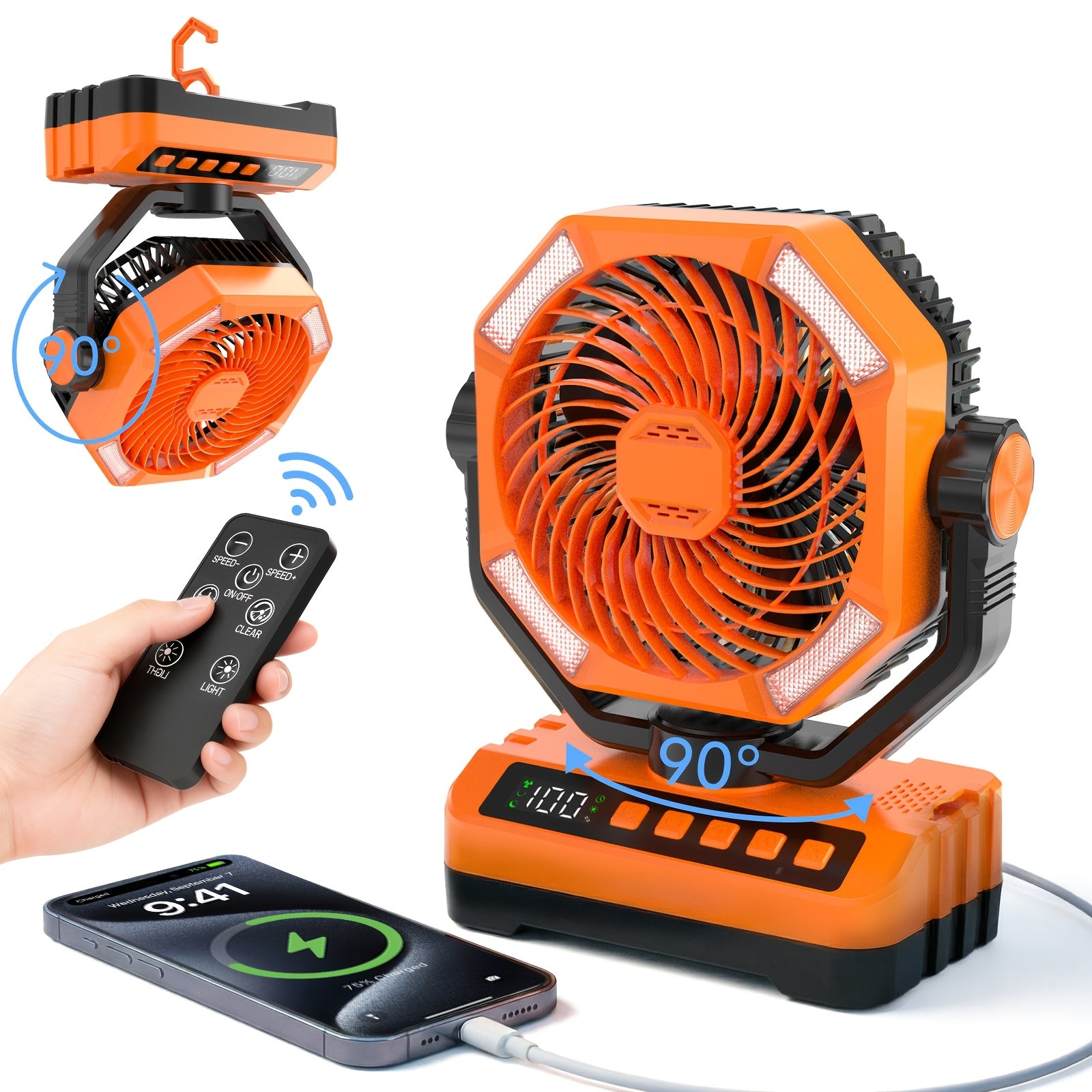 20000mAh Portable Camping Fan 180° Oscillating 4-Speed Brushless Motor LED Light 22-26H Battery USB Rechargeable for Camping Hiking Picnic Emergency Gray Pink Green Black Orange