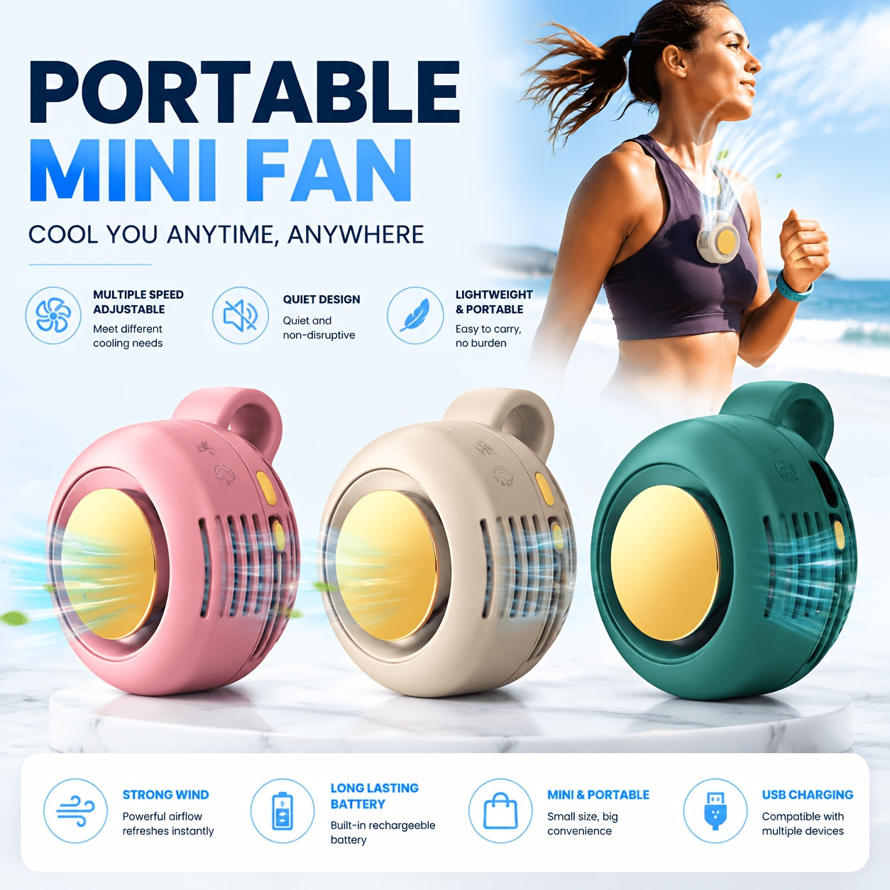 Bladeless Clip-On Fan Portable USB Rechargeable – 360° Rotation Multi-Speed Quiet Personal Cooling Fan for Travel, Camping, Outdoor, Office & Stroller | 1, 2 or 3 Pack