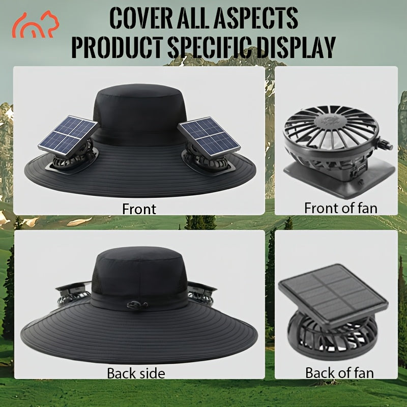 Solar Powered Dual Fan Sun Hat USB Rechargeable - Adjustable Cooling Breathable Outdoor Hat for Hiking Camping Fishing Gardening, Black Dark Gray Khaki Camo