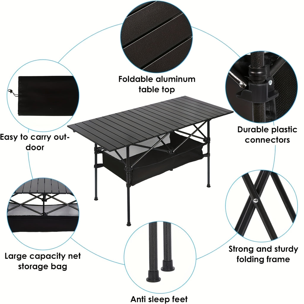 Folding Camping Table Portable Aluminum Height Adjustable with Rolling Wheels – Lightweight Outdoor Table with Mesh Storage Bag & Carry Bag for Camping, Beach, Backyard, BBQ, Patio & Picnic