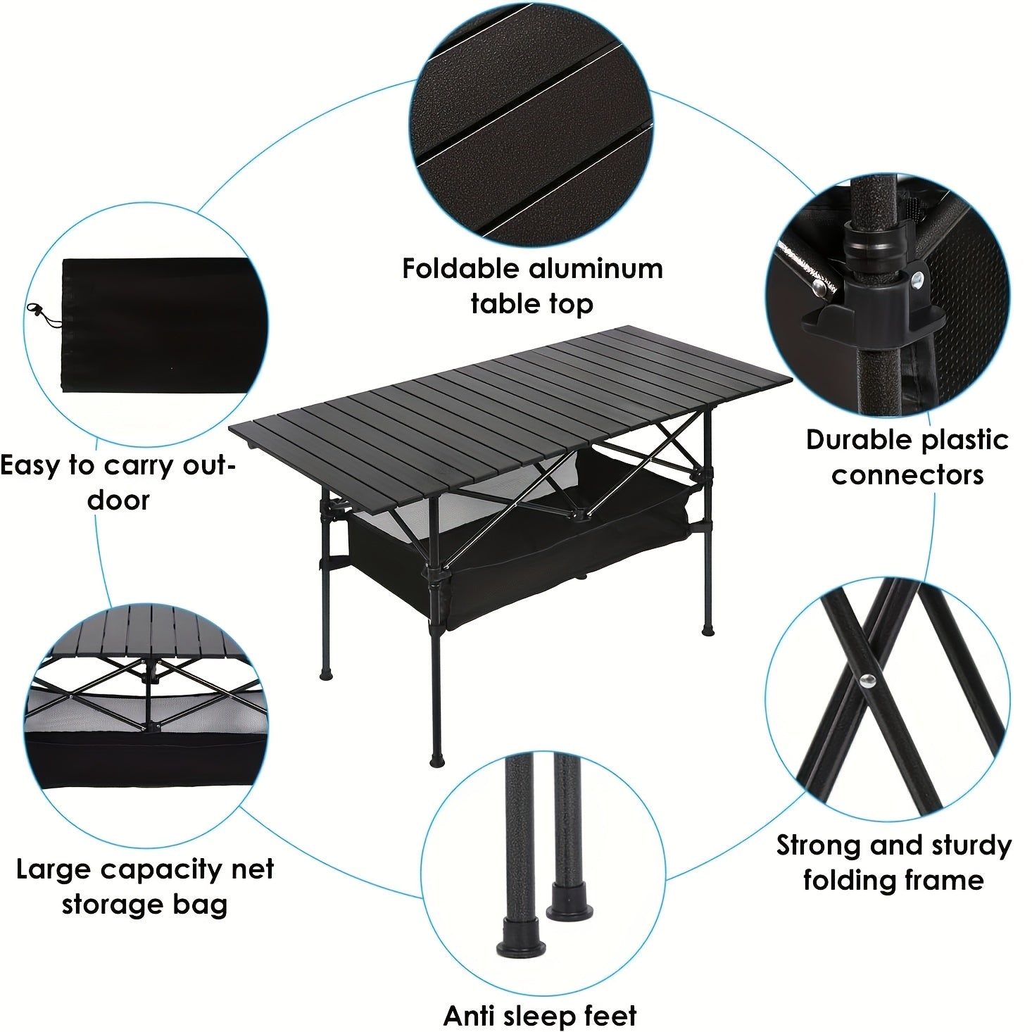 Folding Camping Table Portable Aluminum Height Adjustable with Rolling Wheels – Lightweight Outdoor Table with Mesh Storage Bag & Carry Bag for Camping, Beach, Backyard, BBQ, Patio & Picnic