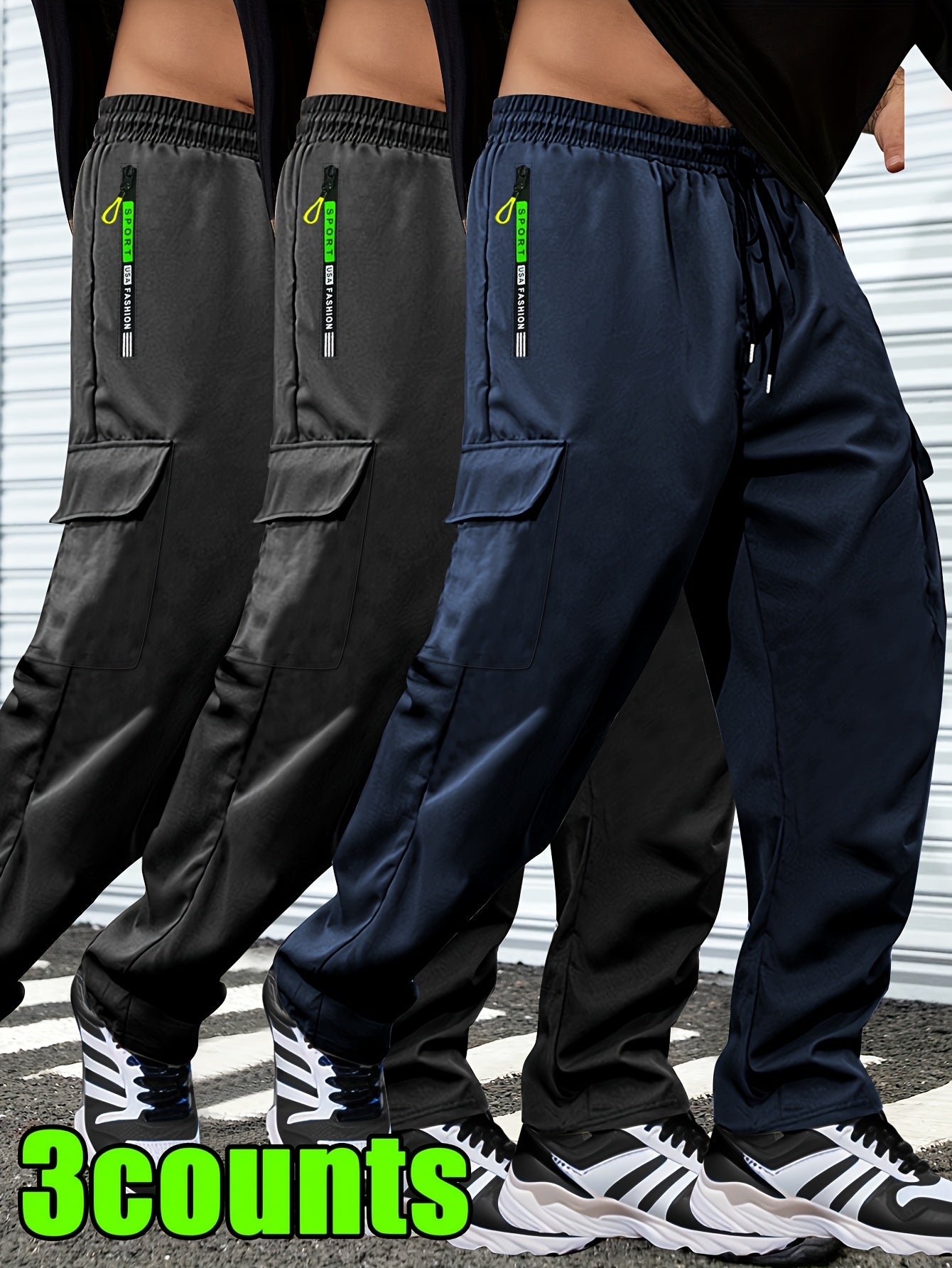 Men's Lightweight Cargo Pants with Drawstring & Elastic Waist – Multi Zipper & Side Pockets, Breathable Regular Fit for Hiking, Camping & Casual Outdoor Wear, S-XXXL