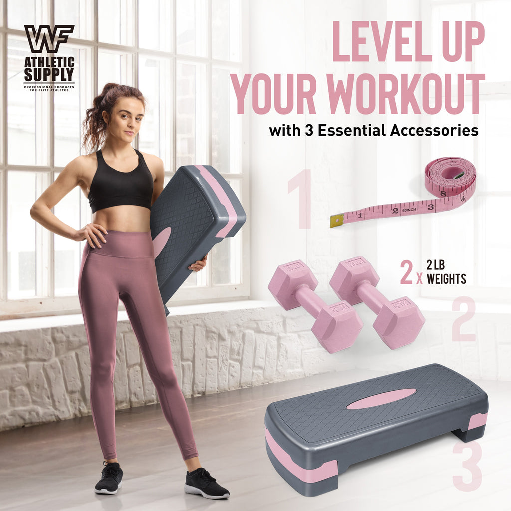 Aerobic Step Platform with Dumbbells Measuring Tape Adjustable Height 2 Level Risers Non-Slip Exercise Stepper Home Gym Workout 550LB Capacity Pink Green Blue