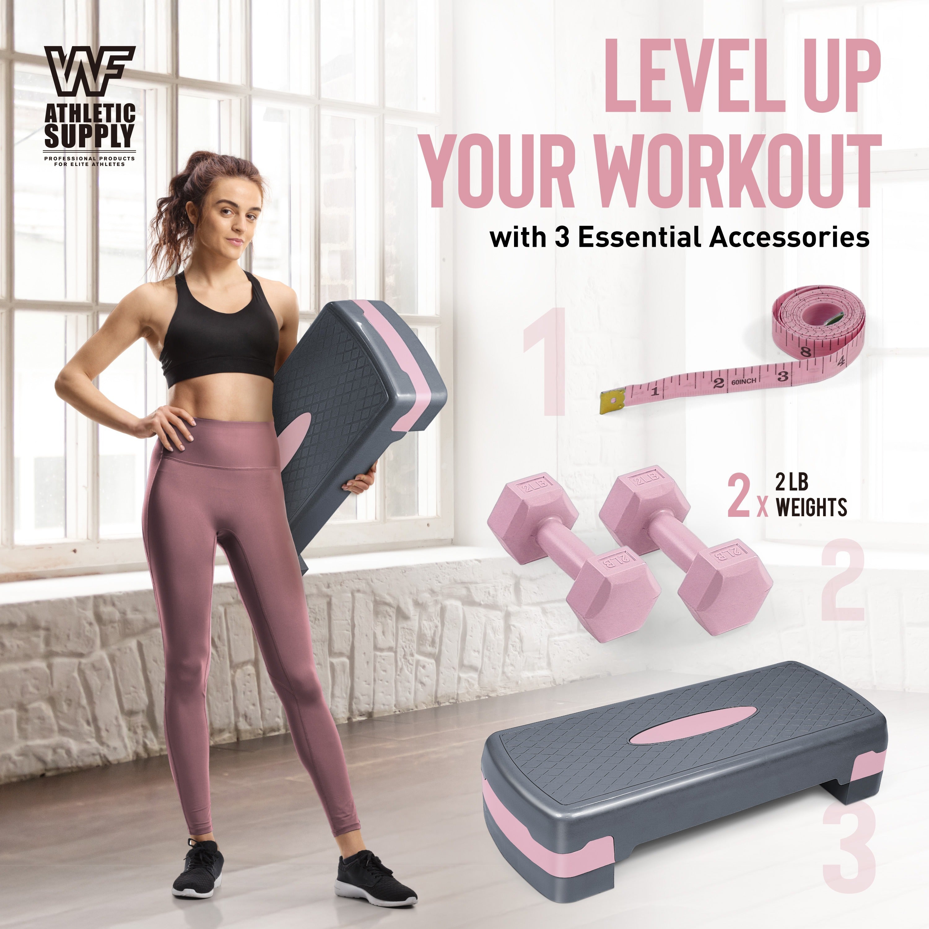Aerobic Step Platform with Dumbbells Measuring Tape Adjustable Height 2 Level Risers Non-Slip Exercise Stepper Home Gym Workout 550LB Capacity Pink Green Blue