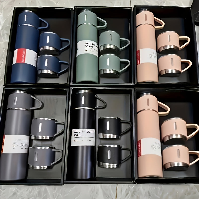 Stainless Steel Water Bottle & Cups Gift Set 4pcs – 500ml Insulated Bottle with 3 Small Cups Triple Lids for Hot & Cold Drinks – 304 Steel Portable Travel Set for Camping Office School Business