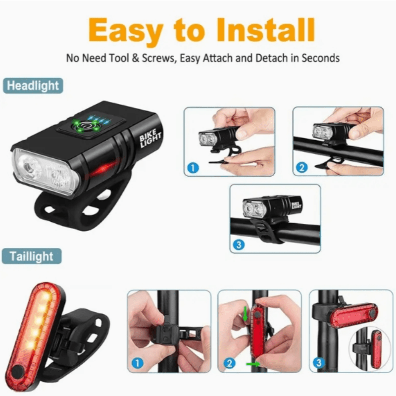 USB Rechargeable Bike Light Set Ultra-Bright Front and Rear – Type-C Fast Charge Aluminum Alloy Bicycle Lights 6 Front Modes 4 Rear Modes for Night Riding Commuting Camping Safety