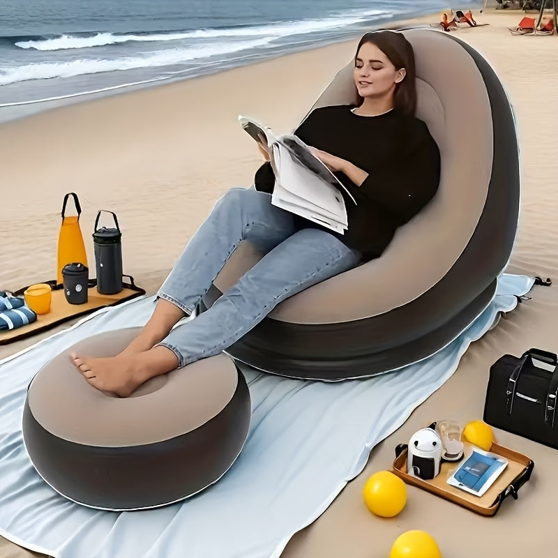 Inflatable Sofa with Footstool 2-Piece Set Heavy Duty Plush Fabric Portable Air Couch with Pump – Indoor Outdoor Camping Beach Backyard Lounge