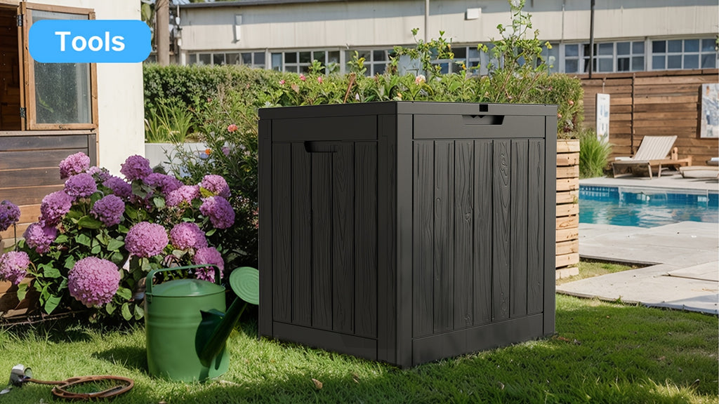 35 Gallon Outdoor Storage Deck Box – UV & Waterproof Lockable Resin Organizer for Patio Furniture, Garden Tools & Toys | Wood Grain & Rattan Style, Indoor Outdoor Use