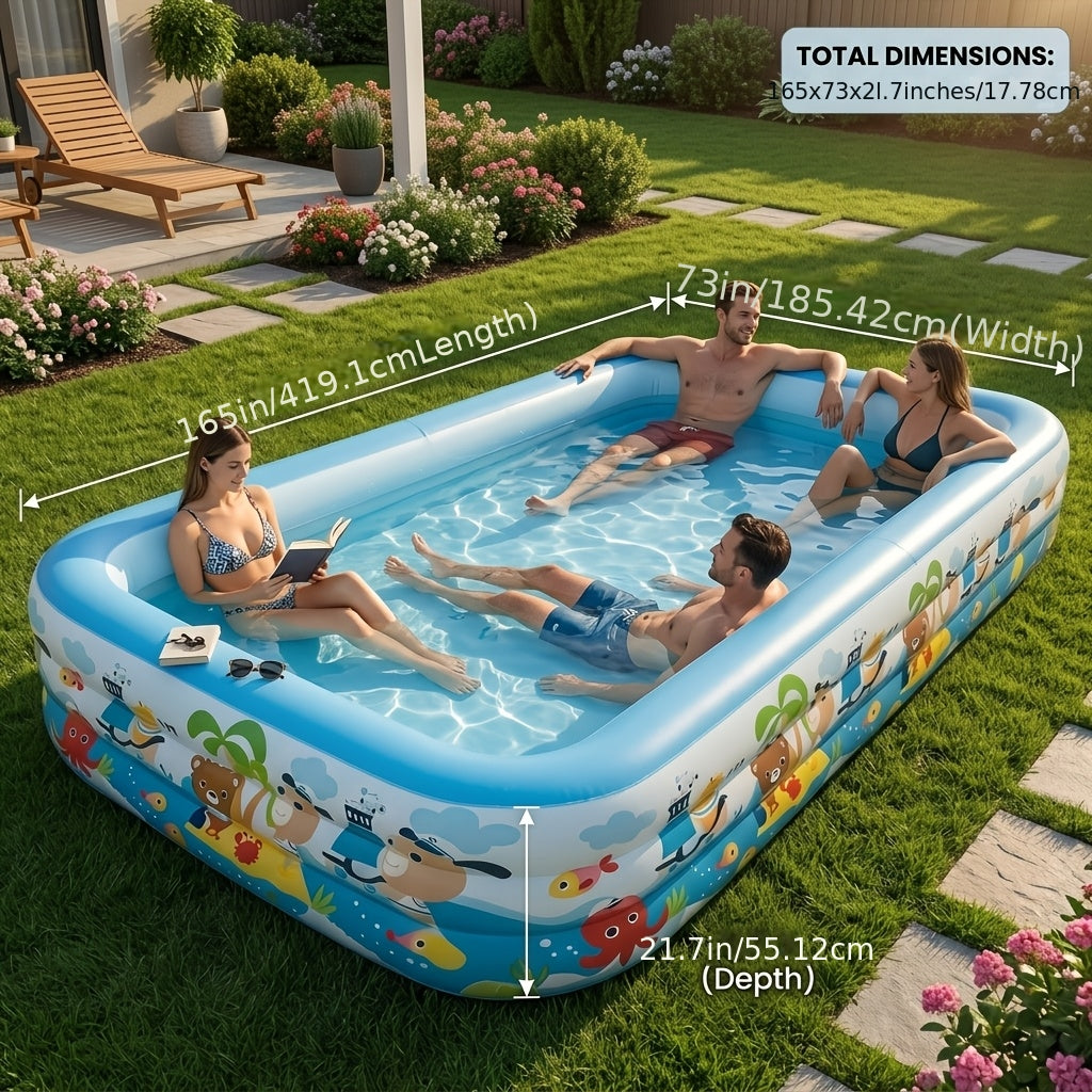 Extra Large Rectangular Inflatable Swimming Pool for Family, Thickened PVC Wear-Resistant Leak-Proof Backyard Pool for 1-6 People, Easy Setup Above Ground Pool for Garden Outdoor Summer Fun