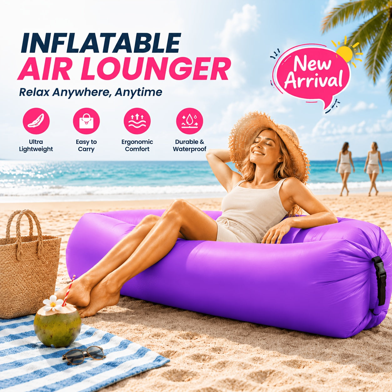 Inflatable Lounger Sofa Bed 1-Person Portable Foldable Air Cushion with Storage Bag for Camping Beach Outdoor Relaxation 6 Colors