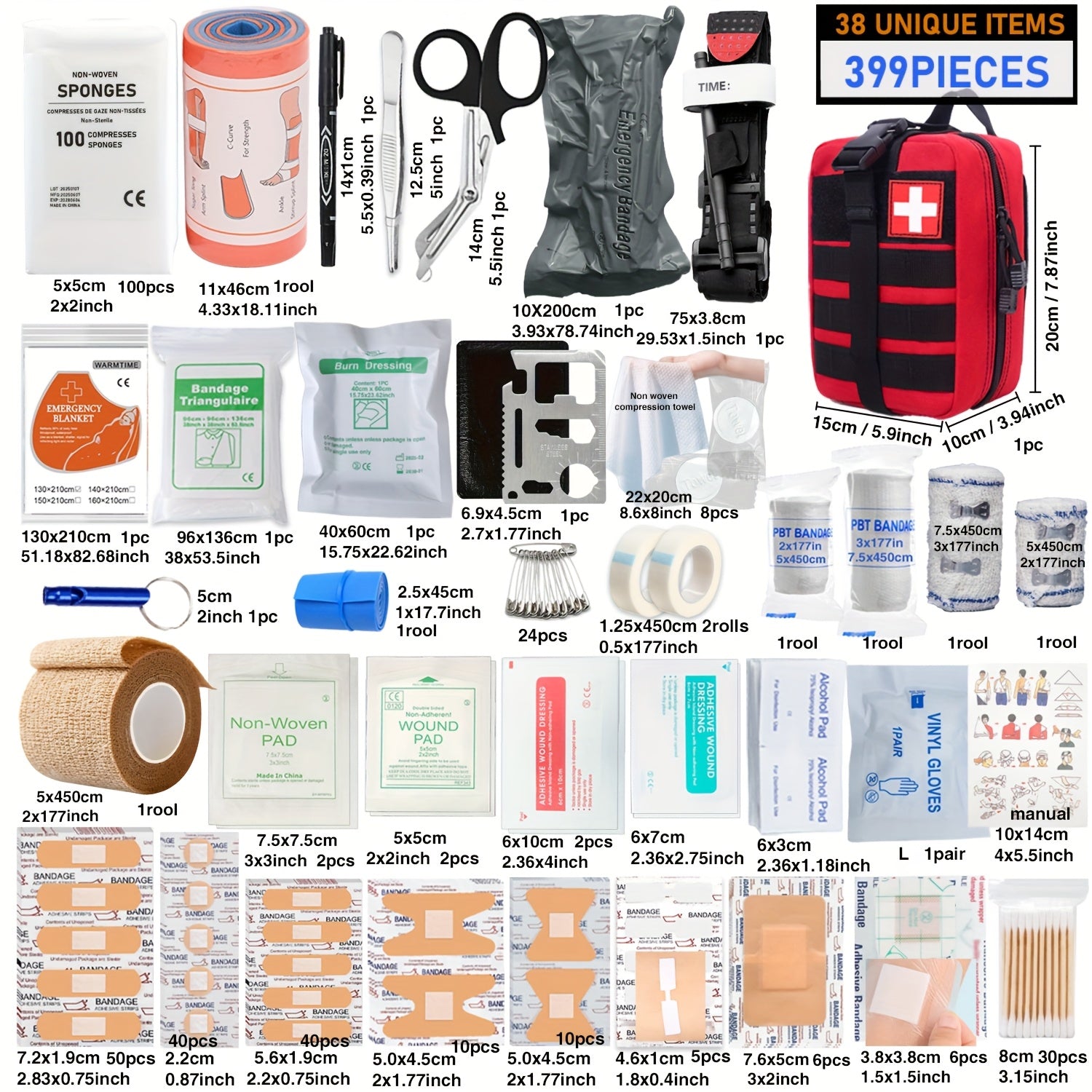 First Aid Kit 399-Piece Professional Portable Survival Gear for Hiking Camping Hunting Car Boat Travel Emergency Disaster Preparedness Gift for Men