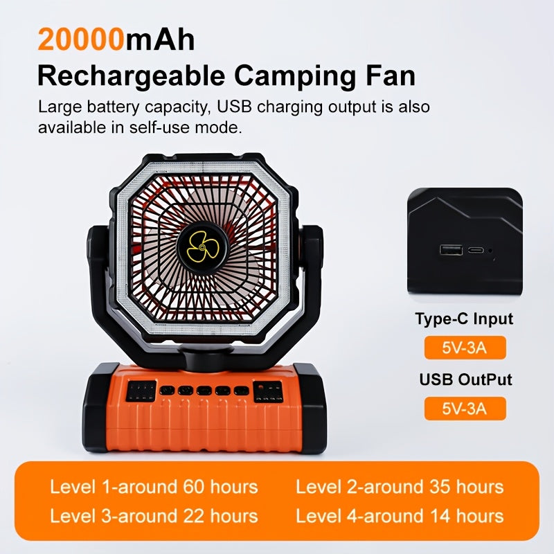 20000mAh Portable Camping Fan with LED Light USB Rechargeable – Battery Powered Tent Fan for Outdoor Hiking Fishing Travel