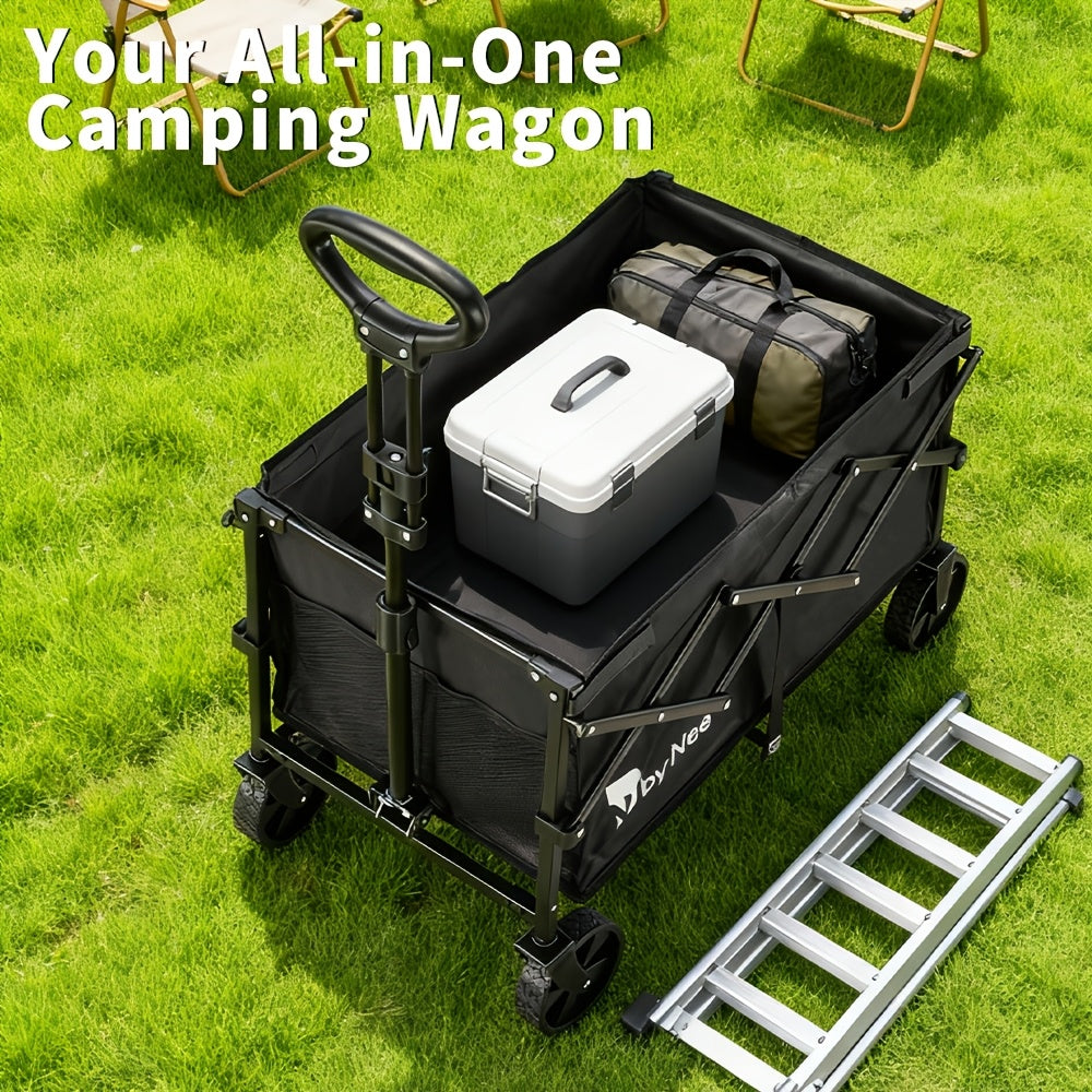 Collapsible Folding Wagon Cart Heavy Duty 450-650LBS – All Terrain Foldable Utility Wagon for Camping Beach Gardening Grocery Shopping Fishing, Large Capacity, Black