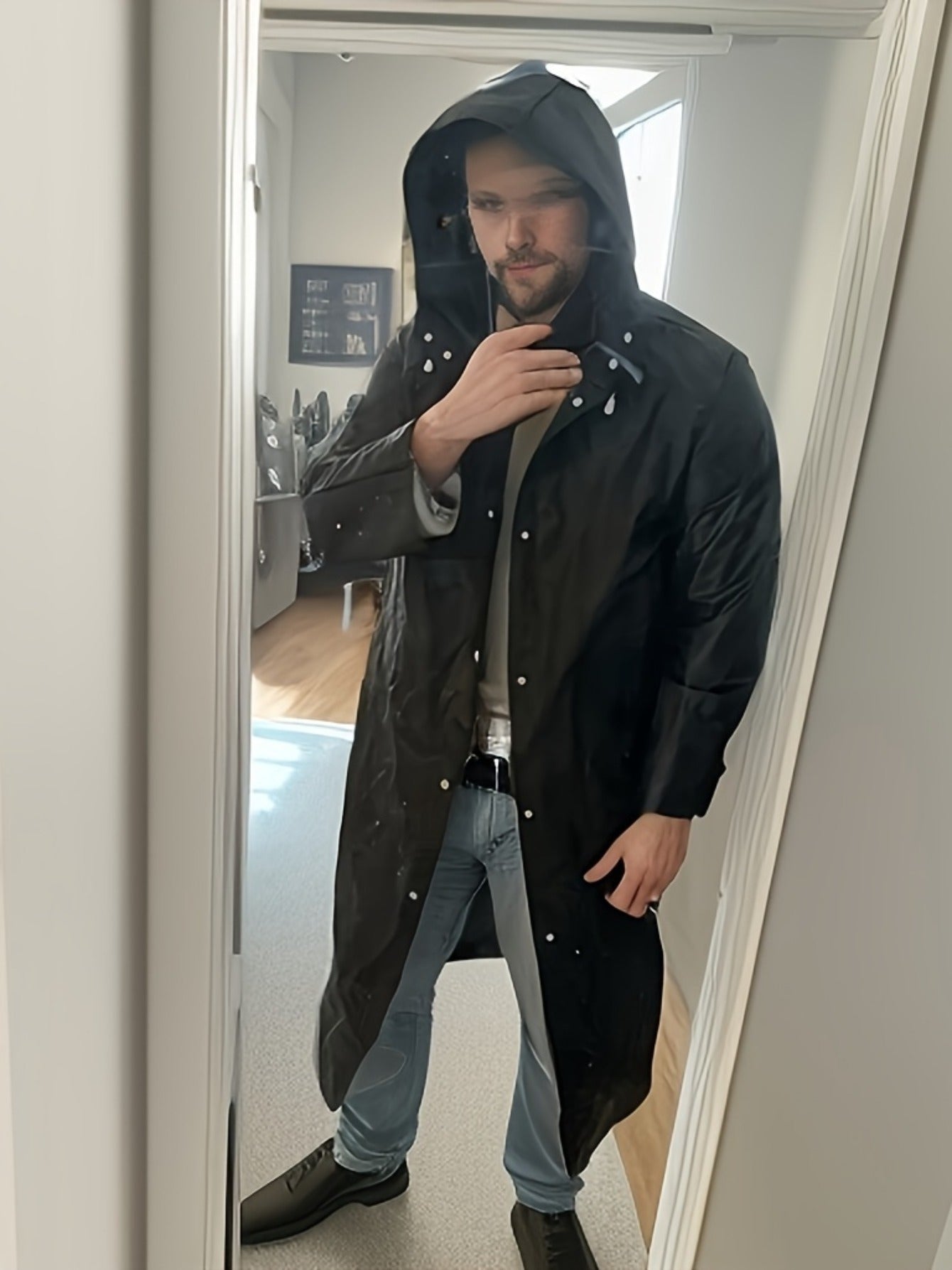 Men's Hooded Rain Jacket Waterproof Raincoat for Men Women - Lightweight Windproof Full-Length Poncho for Hiking Cycling Fishing Outdoor Activities - Adjustable Drawstring Loose Fit Black