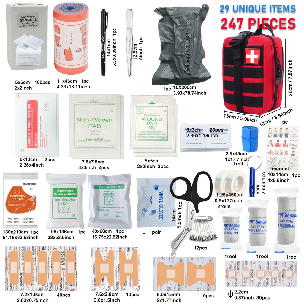 247 Piece IFAK Trauma First Aid Kit with CAT Tourniquet - MOLLE Compatible Tactical Medical Bag - Bleeding Control Wound Care Splinting Airway Management - EMT Military Camping Hiking Home FSA HSA Eligible
