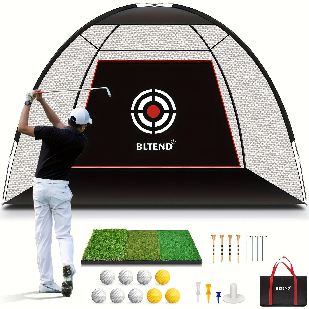 Golf Practice Net with Mat Set 10x7ft – Heavy Duty Backyard Hitting Net with 3-in-1 Turf Mat, Golf Balls & Carry Bag for Indoor & Outdoor Training