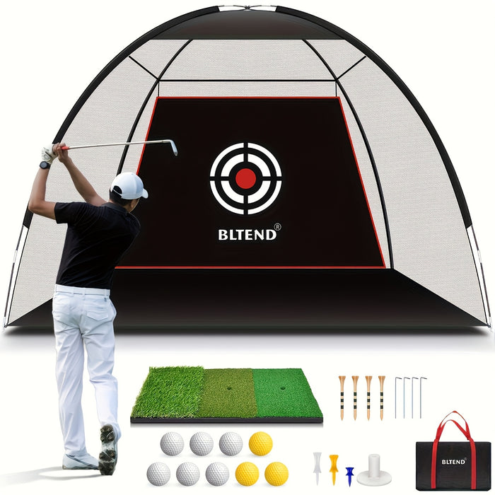 Golf Practice Net with Mat Set 10x7ft – Heavy Duty Backyard Hitting Net with 3-in-1 Turf Mat, Golf Balls & Carry Bag for Indoor & Outdoor Training
