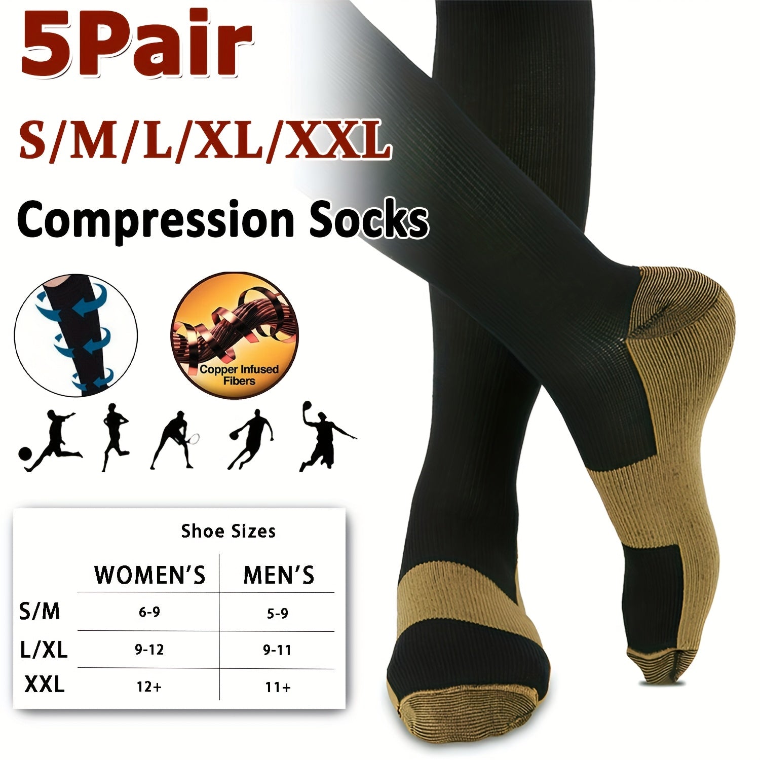 Compression Sport Socks 5 Pairs Unisex Nylon Elastic Enhanced Endurance for Running Cycling Hiking Training All-Day Athletics M-XXL