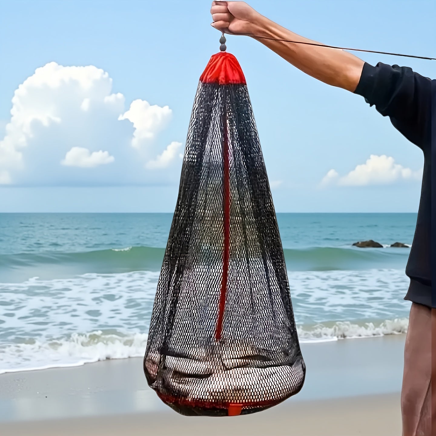 Portable Nylon Fishing Net Bag Mesh Fish Collection Cage – Lightweight Easy-Carry Handle for Fishing Snorkeling Gear Storage Black Red