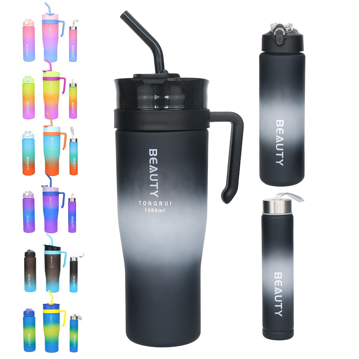 5-Piece Gradient Water Bottle Set 46oz 27oz 9oz with Straw Spill-Proof Lid & Stickers - BPA-Free Leak-Proof Plastic Sports Bottles for Gym Travel Outdoor Car Cup Holder - Gift Set