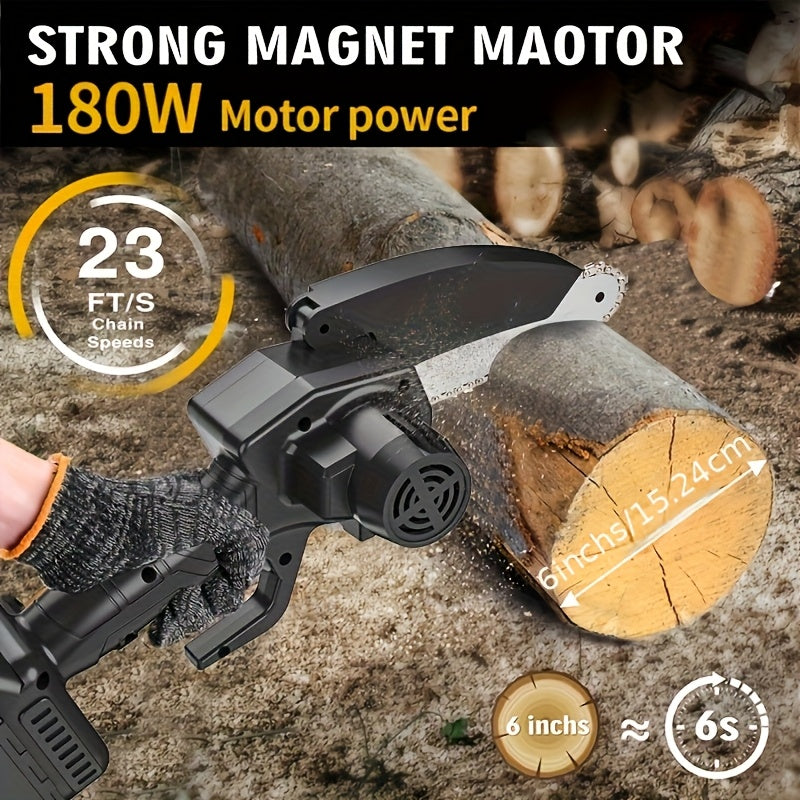 6-Inch Mini Chainsaw Cordless - Rechargeable Lithium Battery with Adjustable Chain, Safety Lock & Splash Guard, Multiple Bundle Options for Garden Branch Trimming, Tree Pruning & Gift