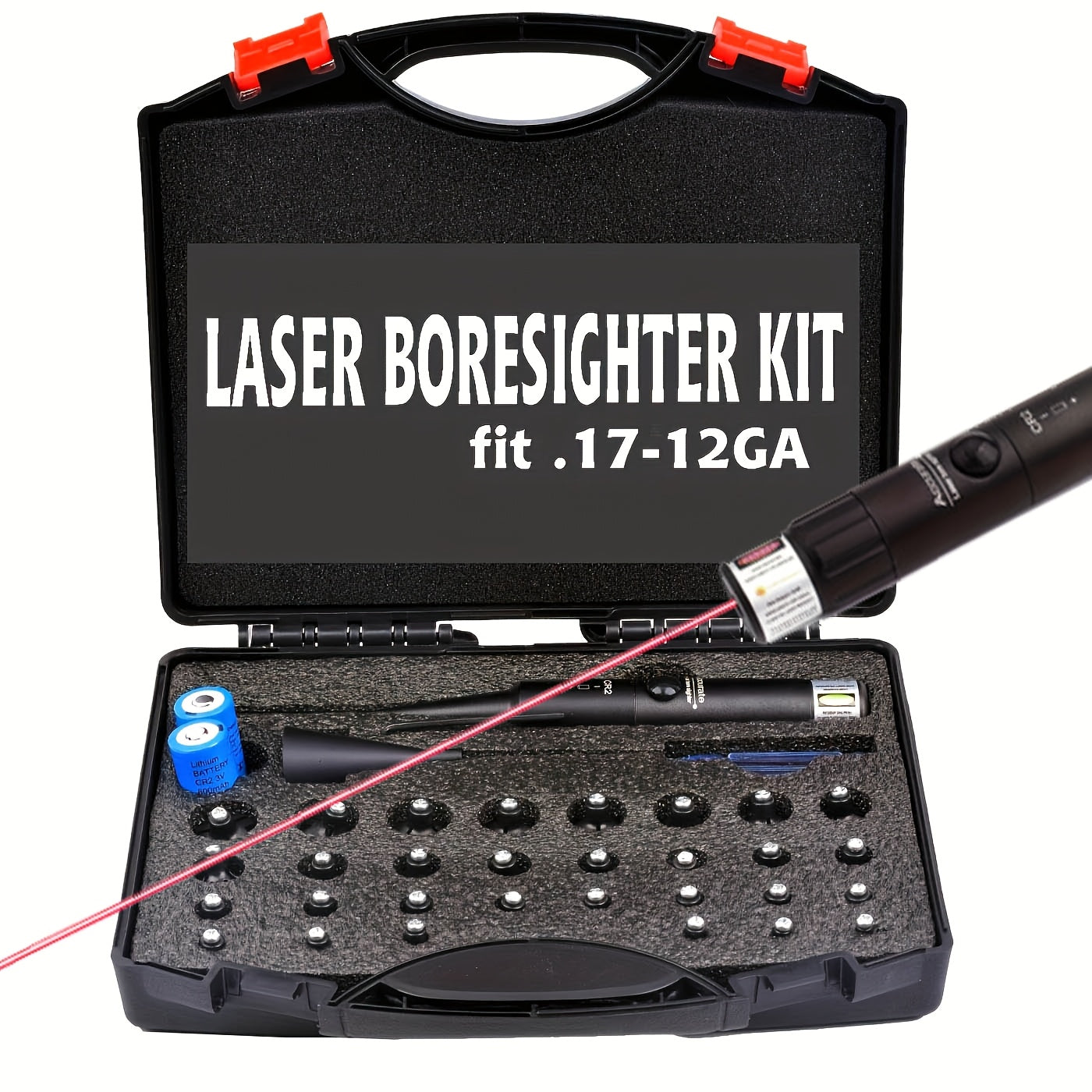 Laser Bore Sight Kit with 32 Adapters – Fits .17 to 12GA, Green & Red Laser, 15-100 Yard Range, Button ON/OFF, 8-Hour Battery