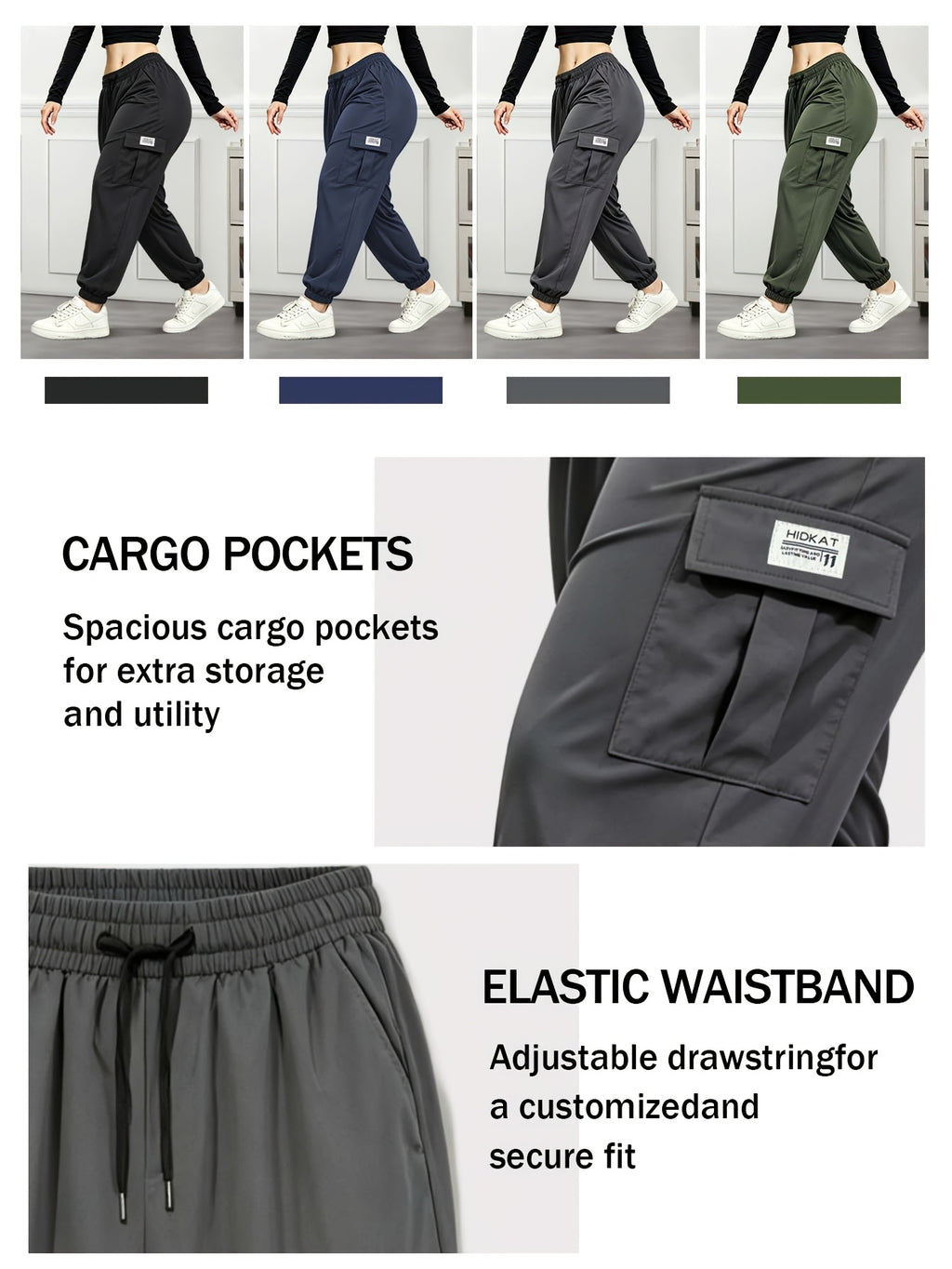 Women's Cargo Pants with Zippered Pockets – Elastic Drawstring Waistband, Large Pocket Casual Outdoor Trousers for Hiking, Travel & Everyday Wear, XS-XXL